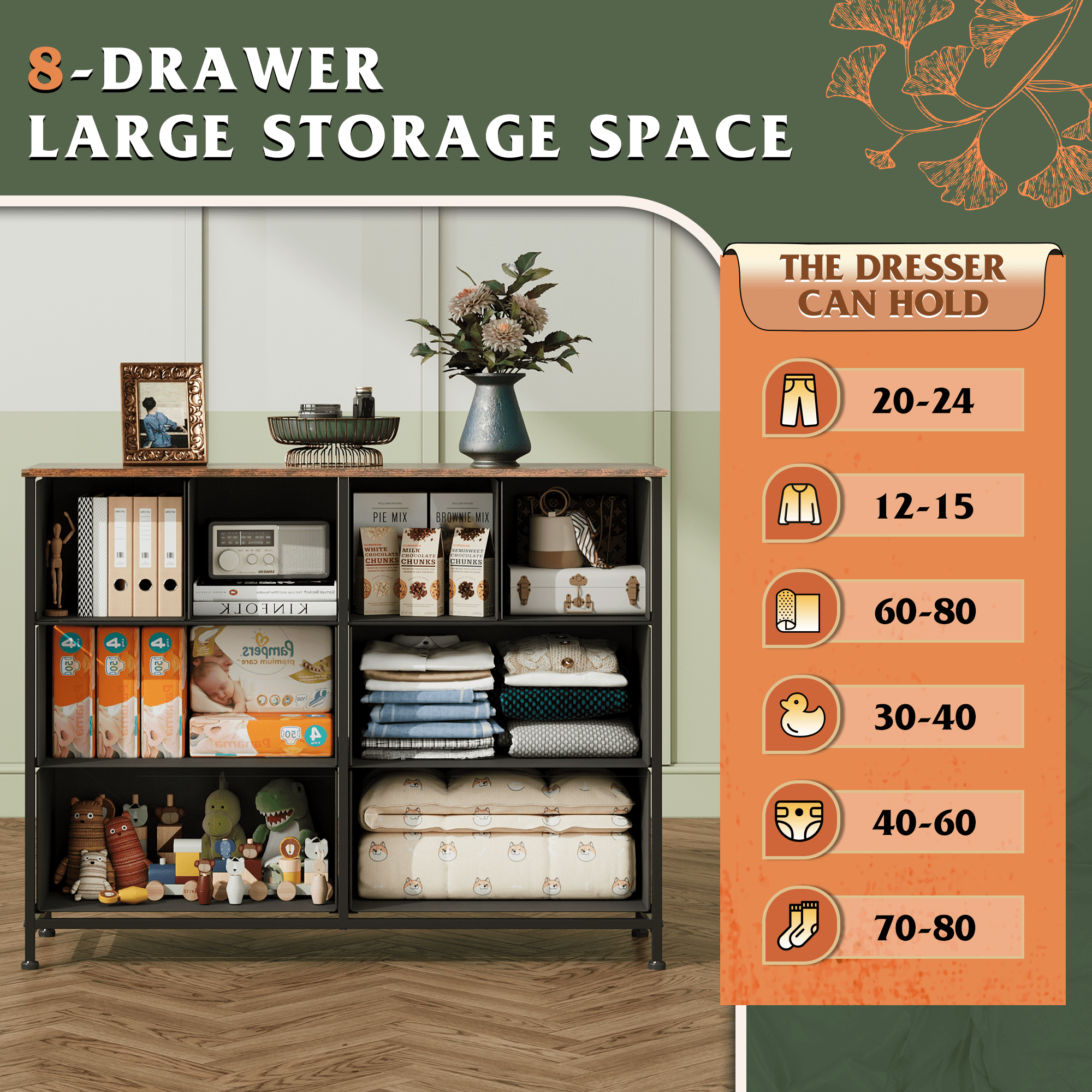 GALAXHERO 8-Drawer Fabric Dresser Storage Organizer Unit, Chest of Drawers with Fabric Bins for Bedroom, Closet, Living Room, Hallway, Floral Painted