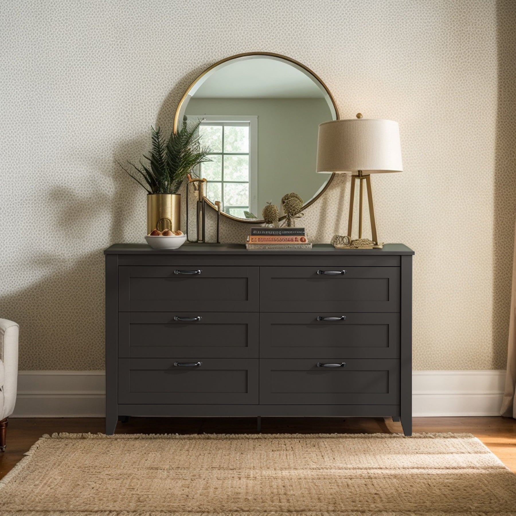 GALAXHERO 6-Drawer Double Wood Dresser - Farmhouse Chest of Drawers with Metal Handles for Bedroom, Living Room, Entryway