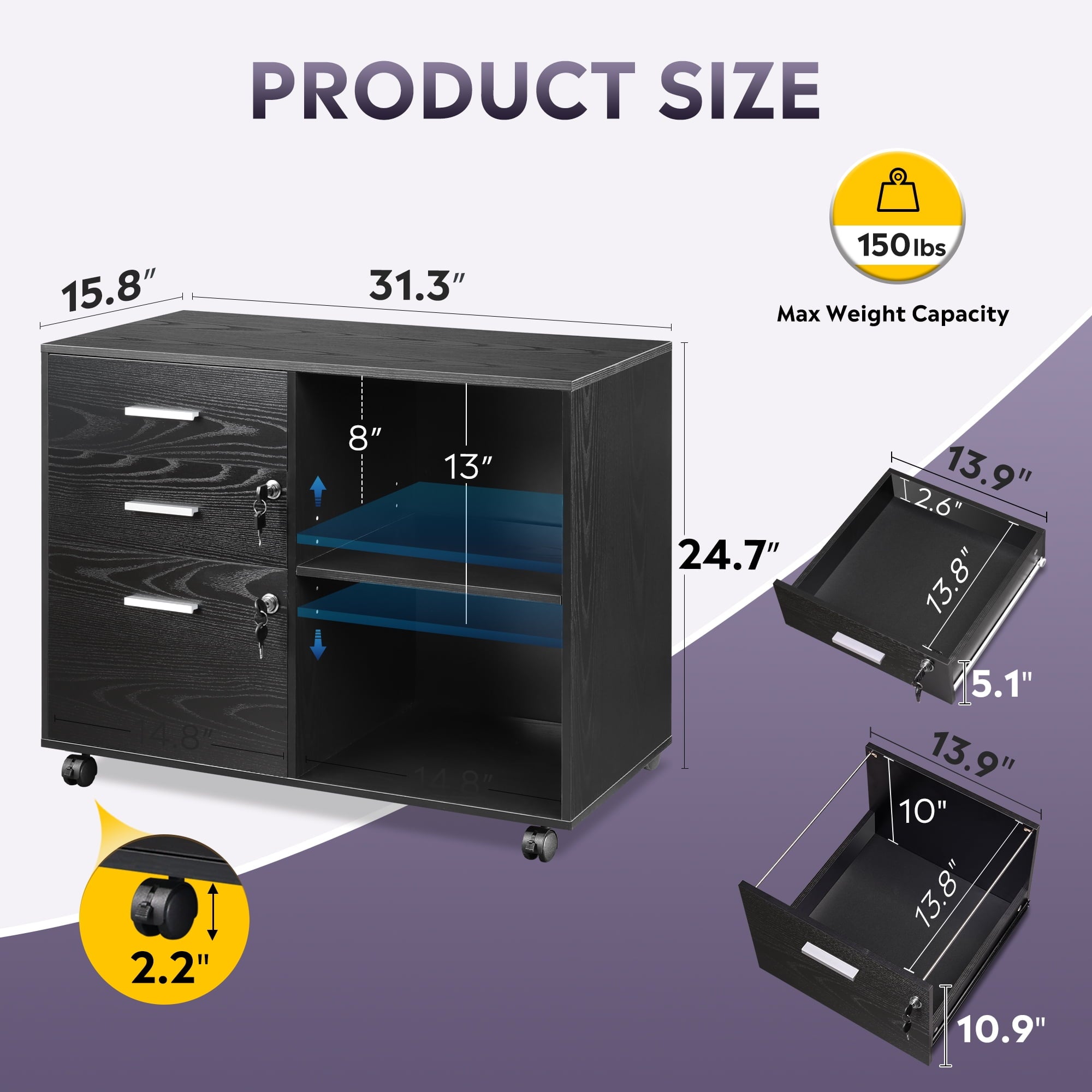 GALAXHERO 3-Drawer File Cabinet with Lock and Key, Mobile Wood Lateral Filing Cabinet & Printer Stand with Open Shelves for Home Office