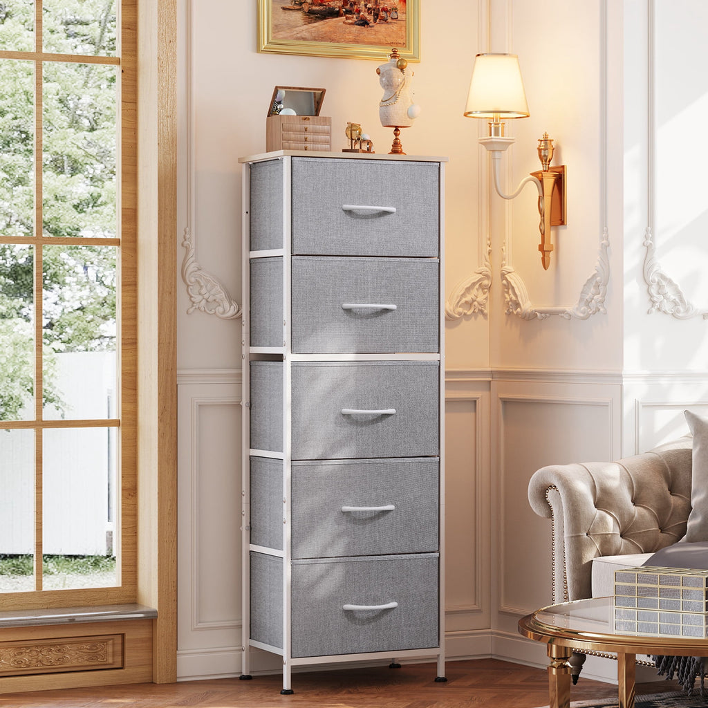 GALAXHERO 5-Drawer Tall Fabric Dresser with Wood Top, Storage Organizer Chest for Bedroom, Closet, Hallway, Sturdy Steel Frame