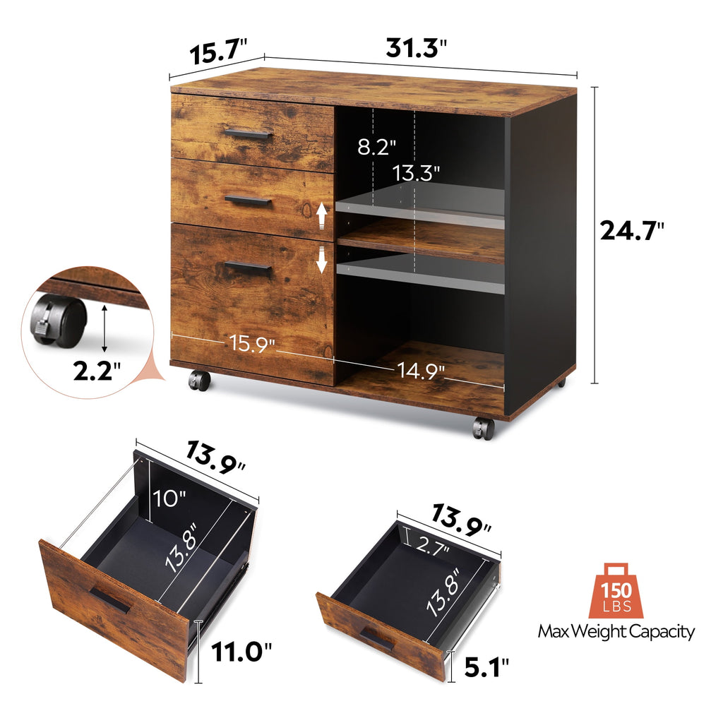 GALAXHERO 3-Drawer Filing Cabinet, Mobile Lateral File Cabinet, Printer Stand with Open Shelves, Wood Office Cabinet