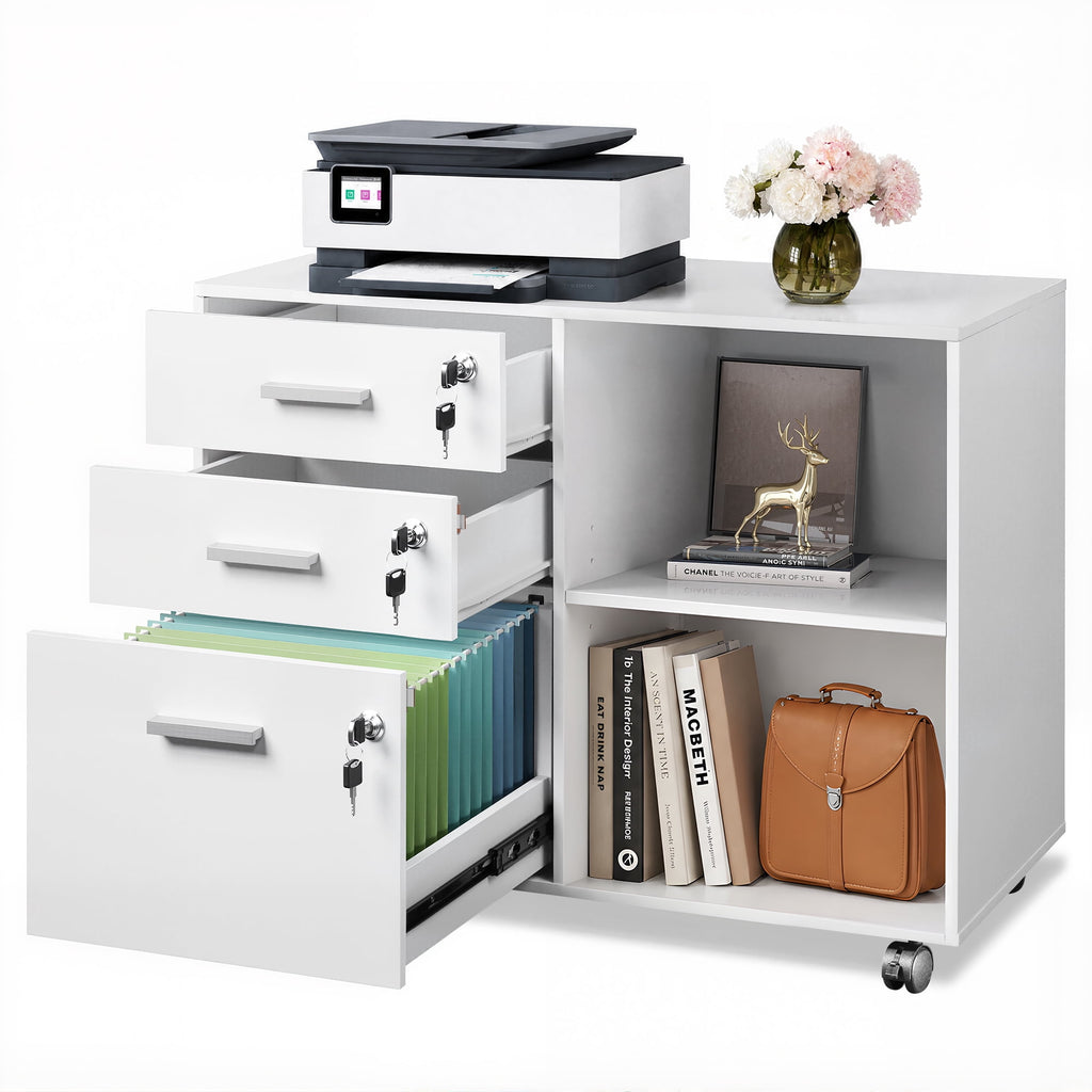 GALAXHERO 3-Drawer File Cabinet with Lock and Key, Mobile Wood Lateral Filing Cabinet & Printer Stand with Open Shelves for Home Office