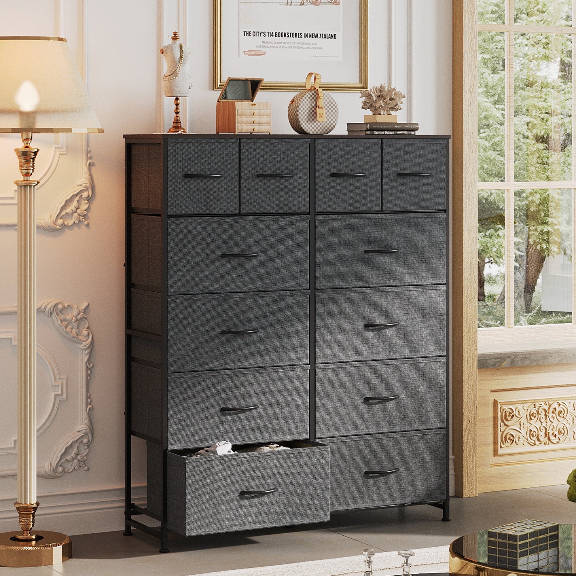 GALAXHERO 12-Drawer Tall Fabric Dresser with Wood Top and Steel Frame, Storage Chest of Drawers for Bedroom, Closet