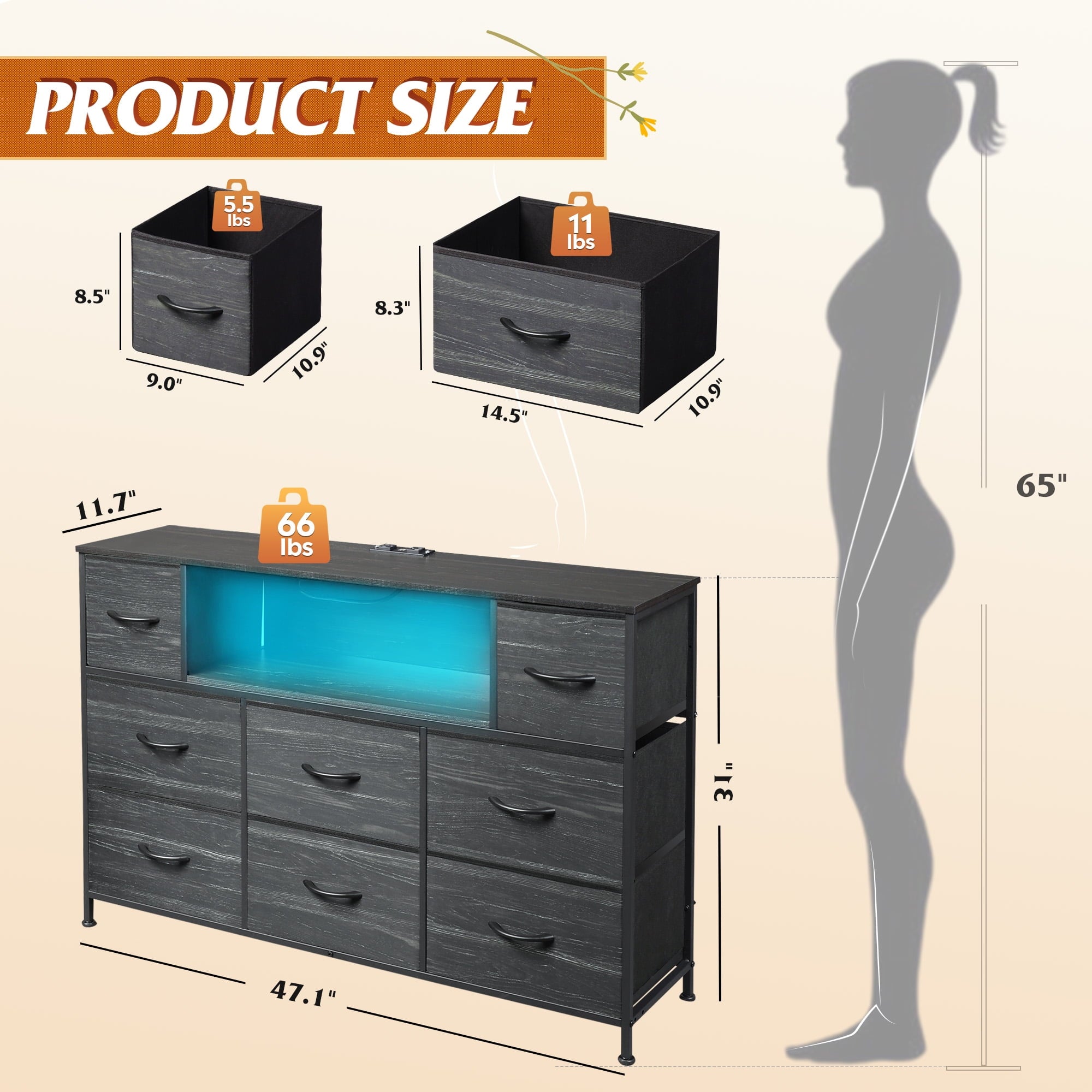 GALAXHERO 8-Drawer Dressers for Bedroom, Dresser TV Stand for 55'' TV with LED Lights and Power Outlets, Fabric Chest of Drawers for Living Room, Entryway