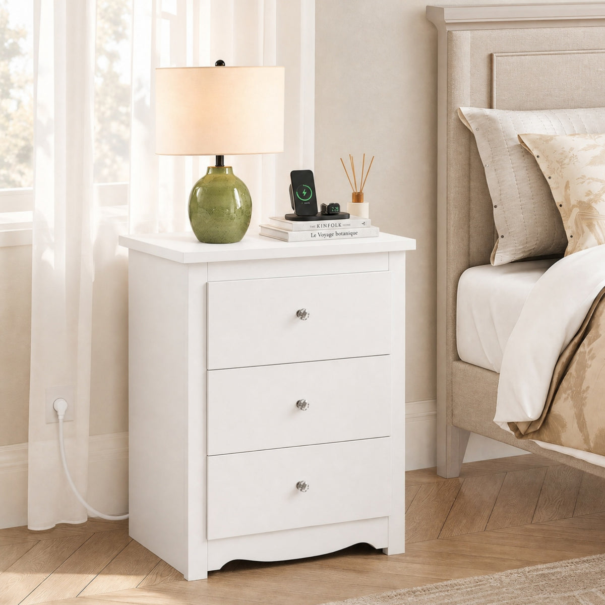 GALAXHERO Nightstand with Charging Station, 3-Drawer Tall Wood Bedside Table & End Table for Bedroom Living Room Dorm