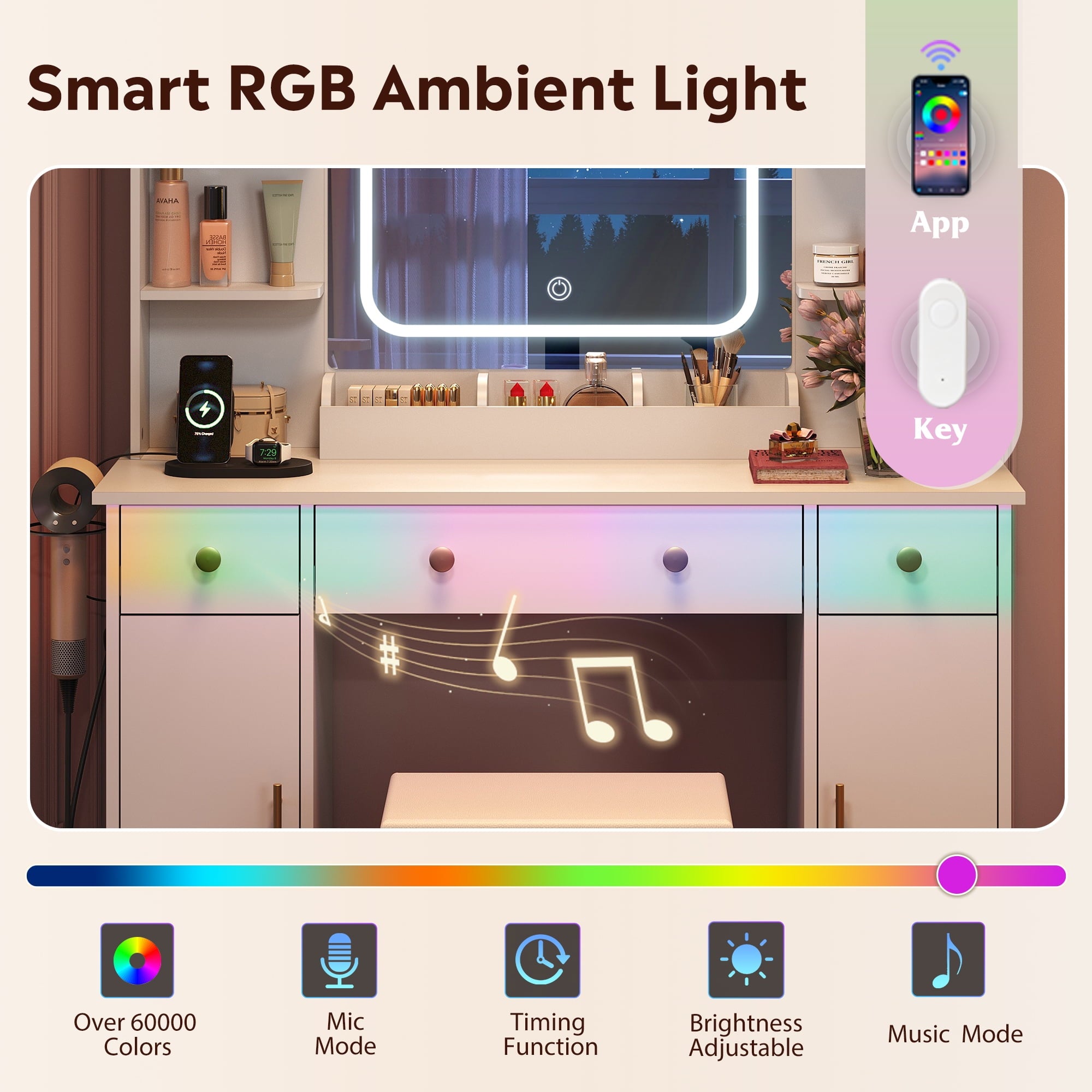 GALAXHERO White Vanity Desk with Lighted Mirror and Chair, RGB Lights, Charging Station, Makeup Table with 3 Drawers and 2 Cabinets, Vanity Stools with Storage for Bedroom