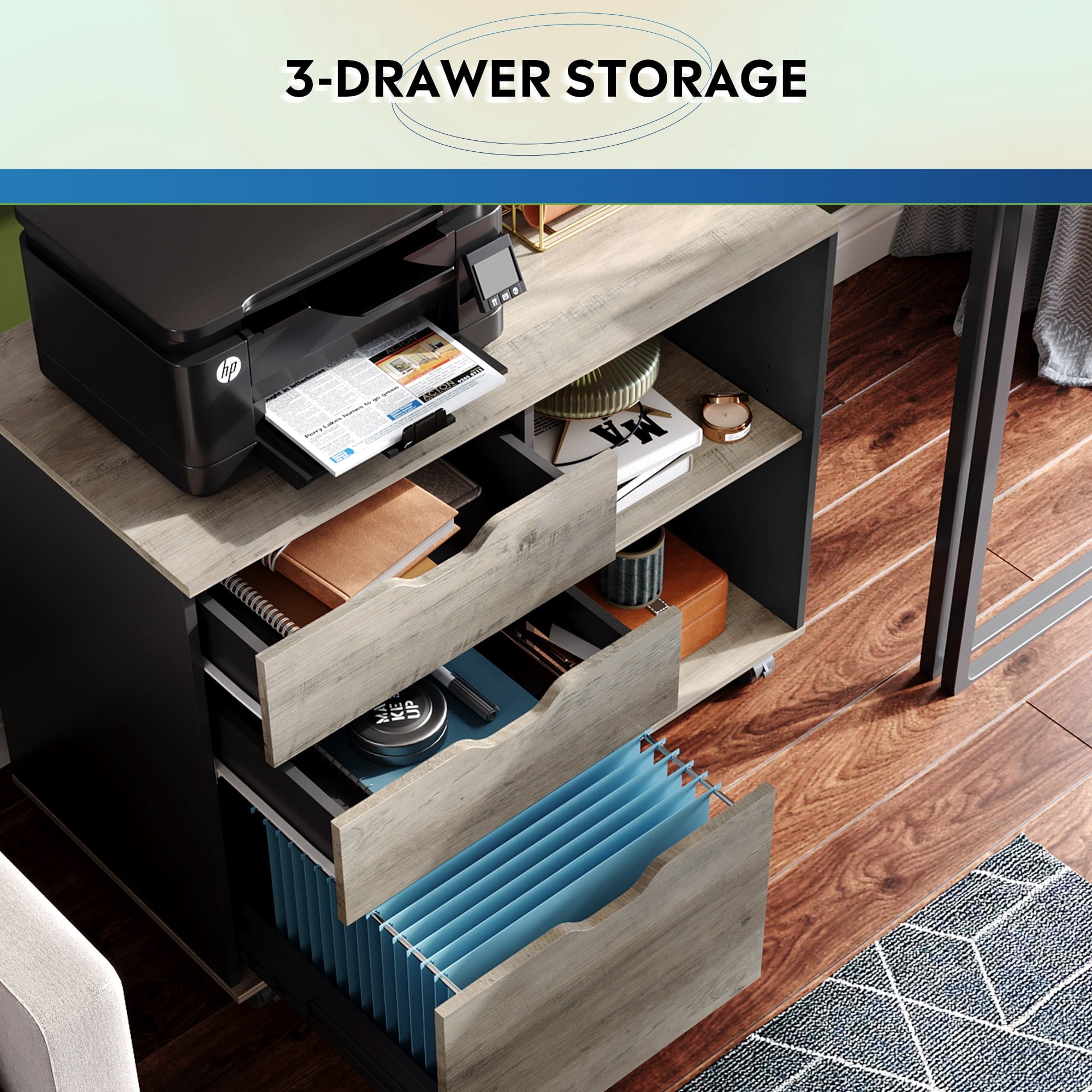 GALAXHERO 3 Drawer File Cabinet, Mobile Printer Stand with Storage Shelves, Wood Lateral Filing Cabinet, Office Storage Cabinet for Home Office, Rustic Brown