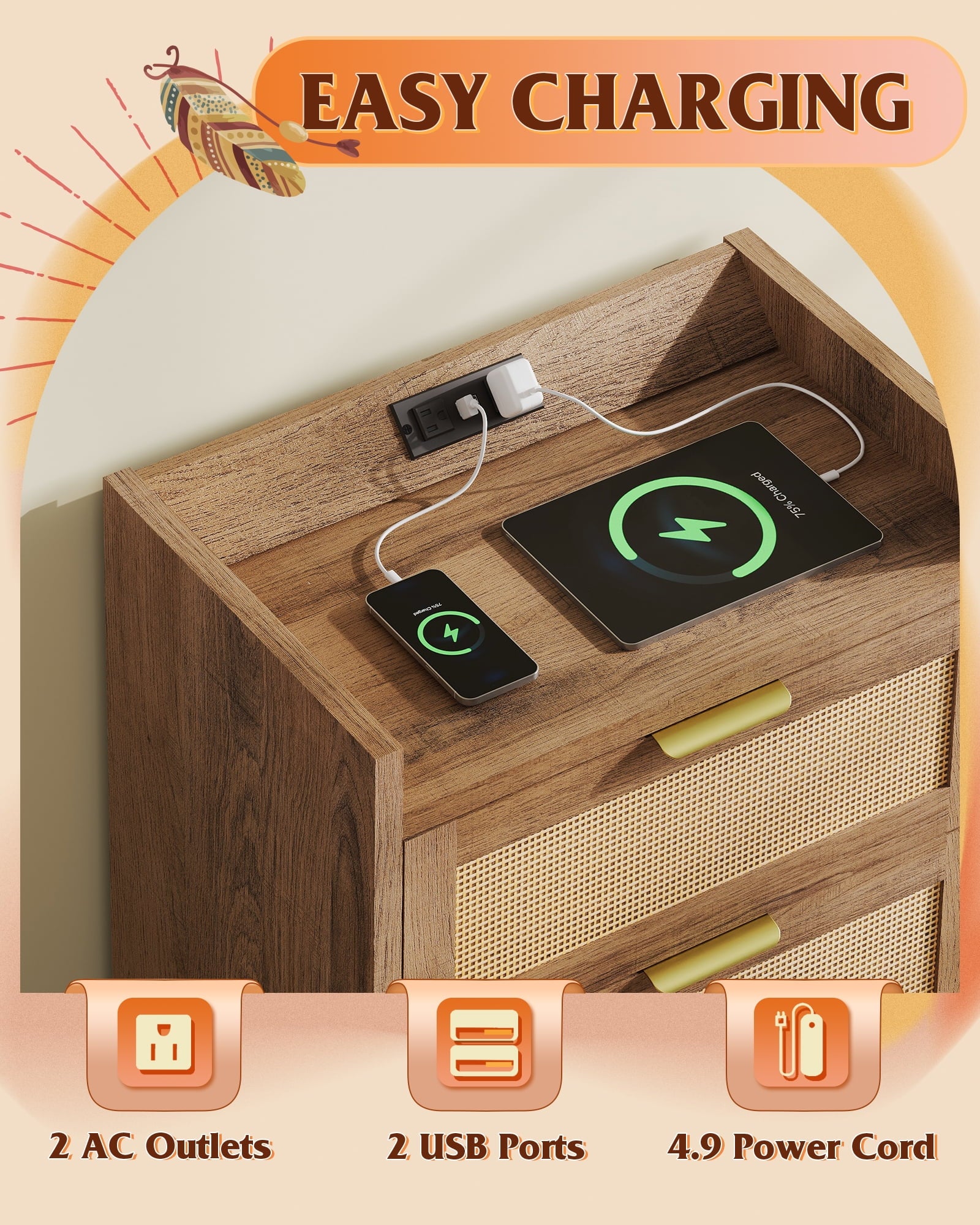 GALAXHERO Nightstand with Charging Station, Boho Rattan Bedside Tables, 2 Drawers End Table for Bedroom, Living Room, Natural Oak