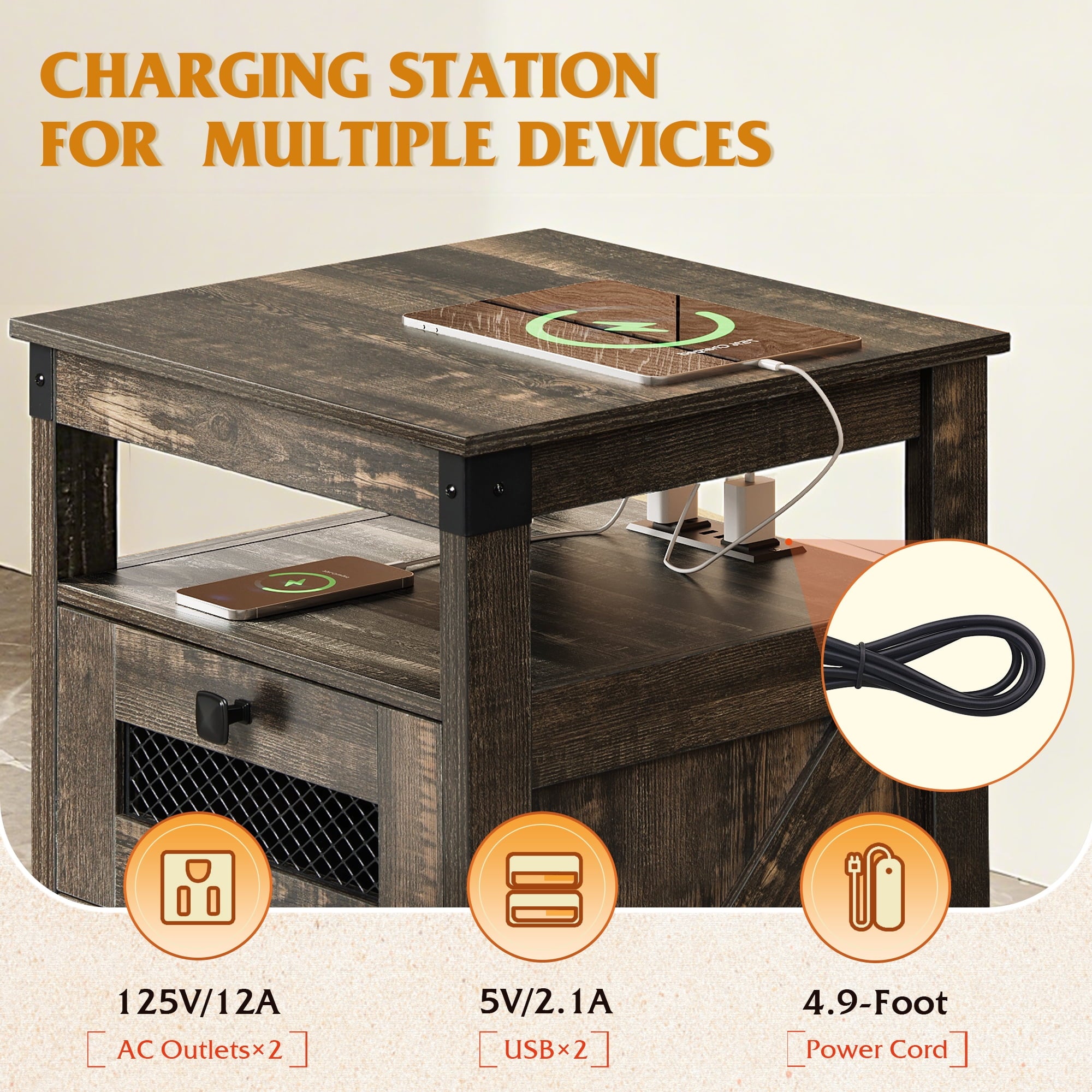 GALAXHERO Nightstand with Charging Station, Farmhouse End Table, Bed Side Table with 2 Storage Drawers and Open Shelf, Wood Rustic Nightstands for Bedroom