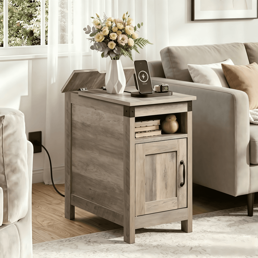 GALAXHERO End Table with Charging Station, Small Side Table with Lift Top, Narrow Nightstand with Charging Station & Storage Cabinet for Living Room & Bedroom