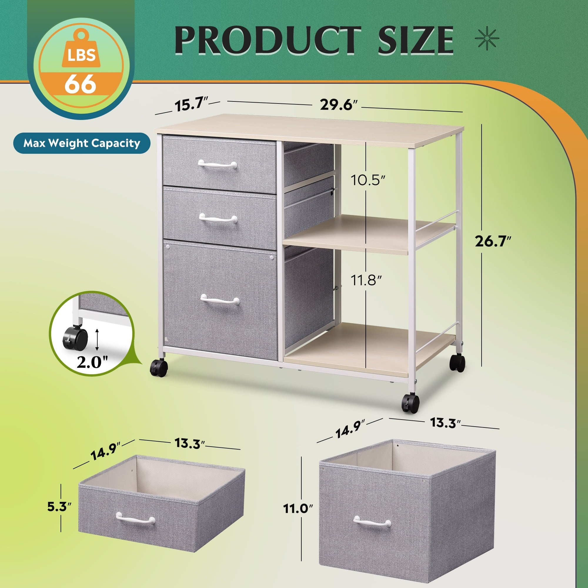 GALAXHERO 3-Drawer Mobile File Cabinet with Storage Shelf, Rolling Fabric Filing Cabinet and Printer Stand