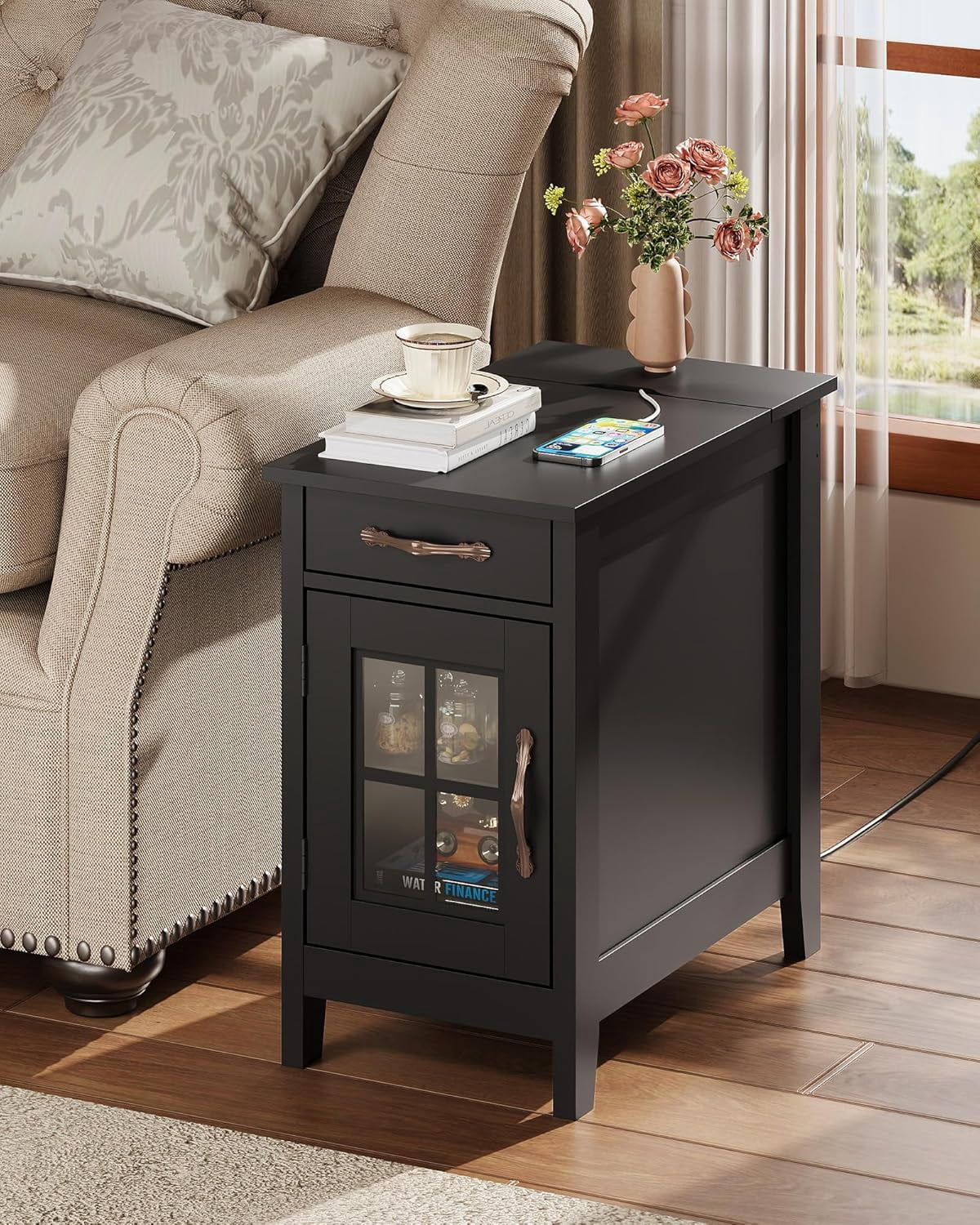 GALAXHERO End Table with Charging Station Narrow Side Table for Living Room with Storage, Small Wooden Cabinet Nightstand with USB Ports and Outlets