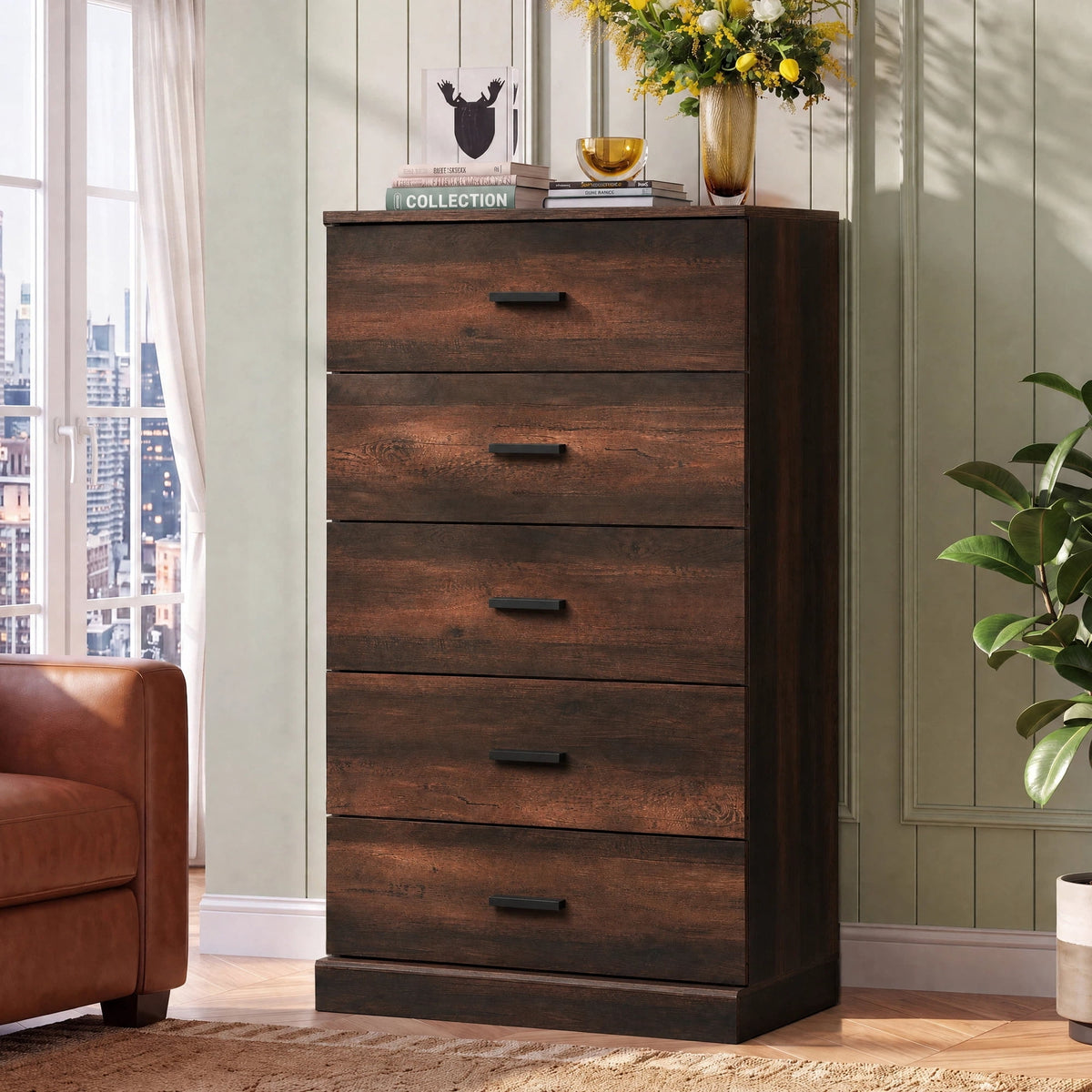 GALAXHERO 5 Drawers Dresser, Chest of Drawers for Bedroom, Tall Wood Storage Cabinet with Metal Handle for Living Room, Closet, Hallway