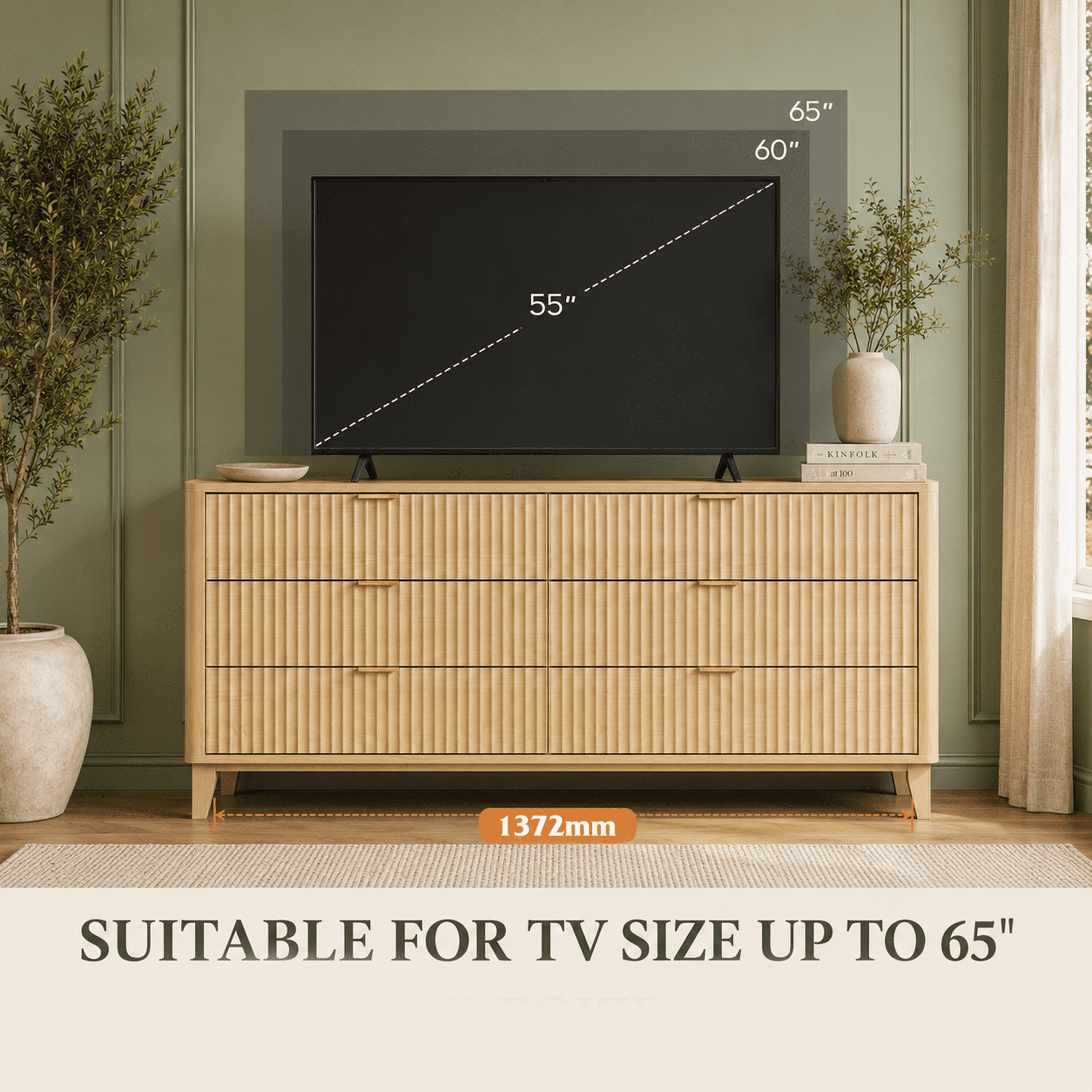 GALAXHERO 6 Drawer Dresser for Bedroom, Wide Chest of Drawers, Fluted Wood Dresser, TV Stand for 55 inch TV, Storage Cabinet for Living Room, Hallway