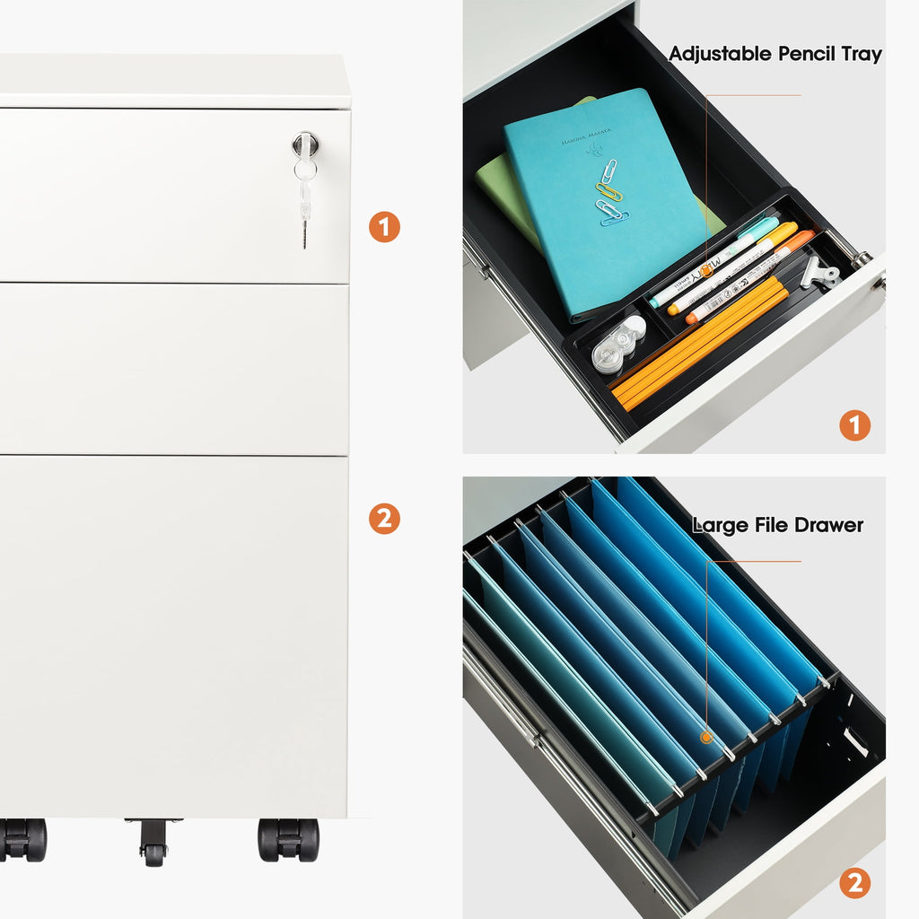 GALAXHERO 3 Drawer File Cabinet, Fully Assembled Except Casters, Metal Under Desk Cabinet with Lock, Rolling Filing Cabinet for Home Office, Legal/Letter Size