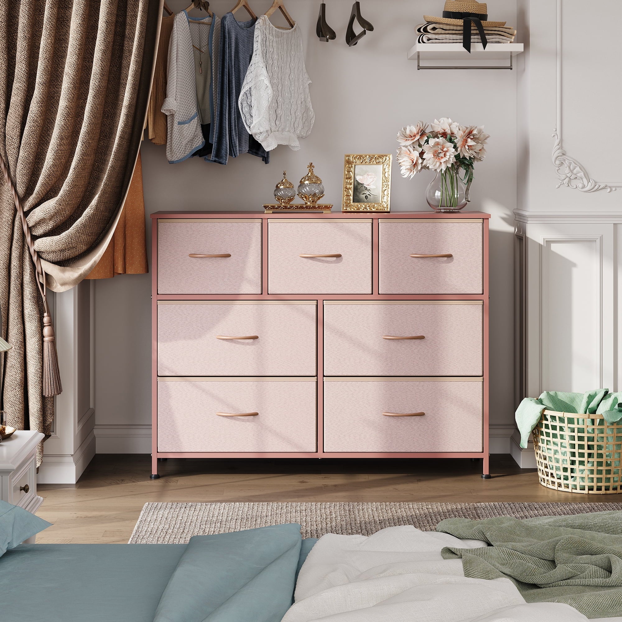 GALAXHERO 7 Drawer Dresser, TV Stands for 45" TV, Chest of Drawers with Fabric Bin for Bedroom, Living Room, Entryway
