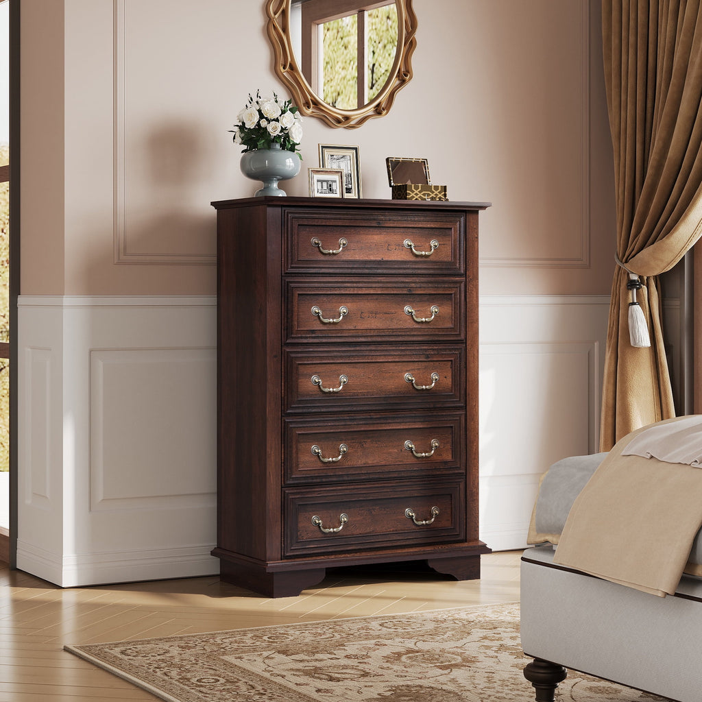 GALAXHERO Farmhouse 5 Drawers Dresser for Bedroom, Tall Wood Dresser with Roman Metal Handle, Chest of Drawers for Living Room, Hallway, Closet