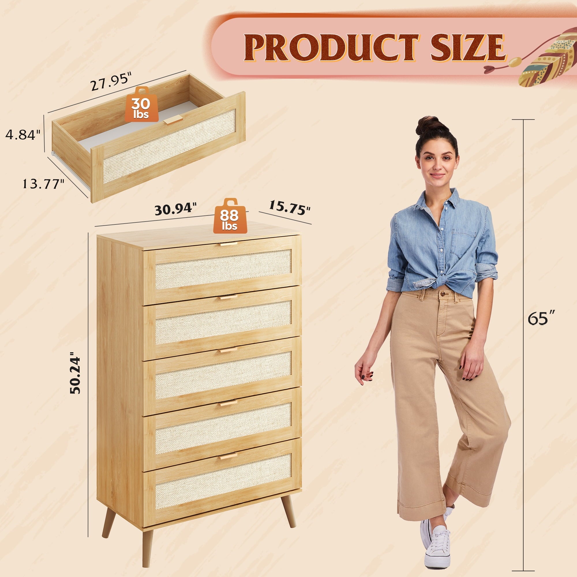 GALAXHERO Rattan 5 Drawer Dresser, Wooden Chest of Drawers, Boho Tall Dresser Closet Storage Organizer for Bedroom, Living Room, Hallway, Light Oak