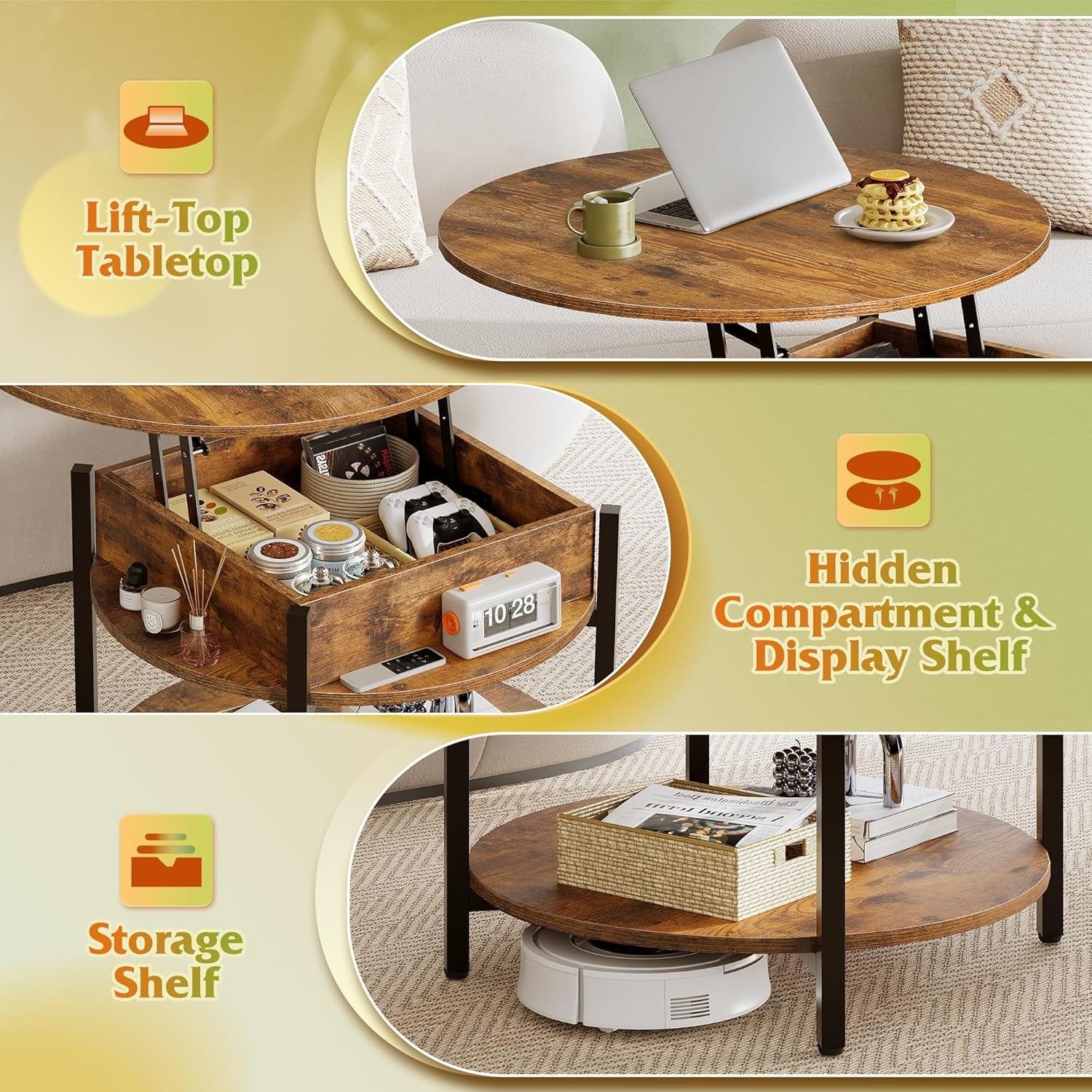 GALAXHERO Round Lift Top Coffee Table with Hidden Compartment and Storage Shelf, Farmhouse Small Coffee Table with 2 Tier for Living Room