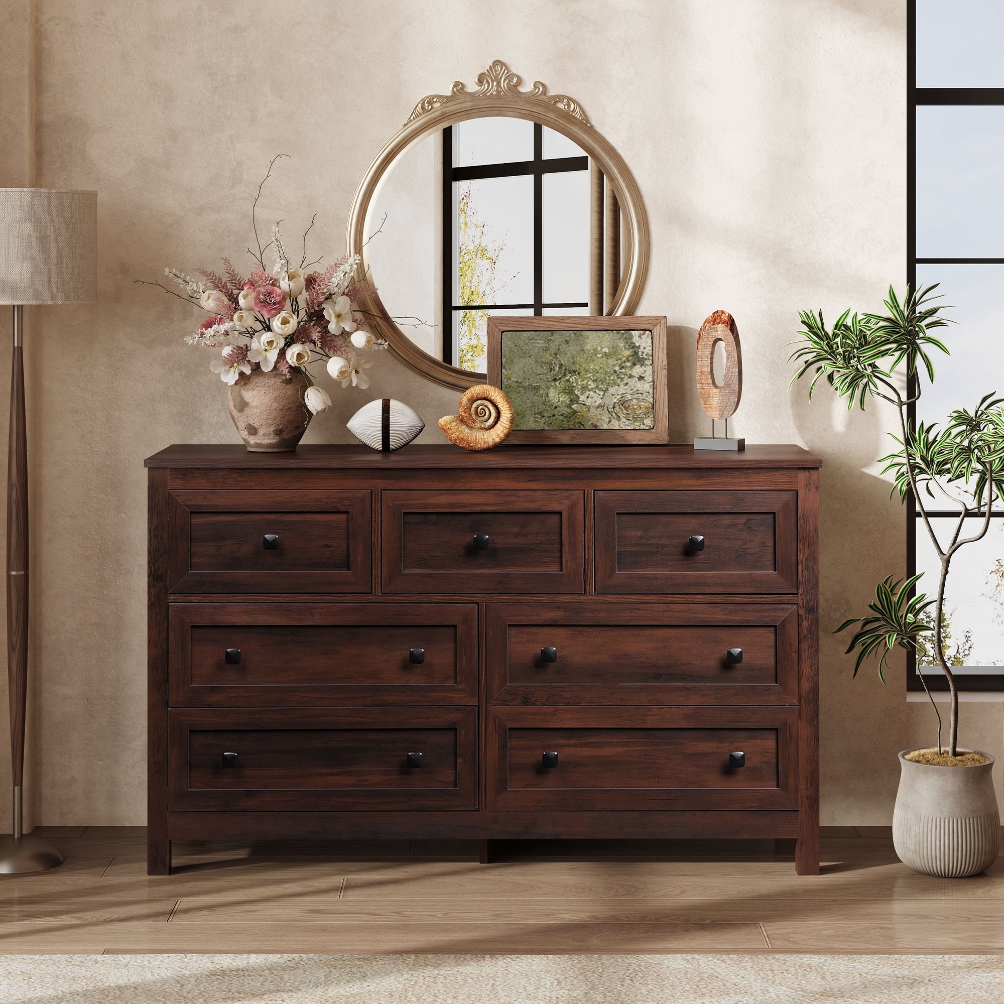 GALAXHERO Farmhouse Dresser for Bedroom, 51.18'' Wide 7 Drawer Wood Dresser, TV Stand for 65 inch TV, Wooden Chest of Drawers for Bedroom, Modern Clothes Organizer for Living Room, Hallway