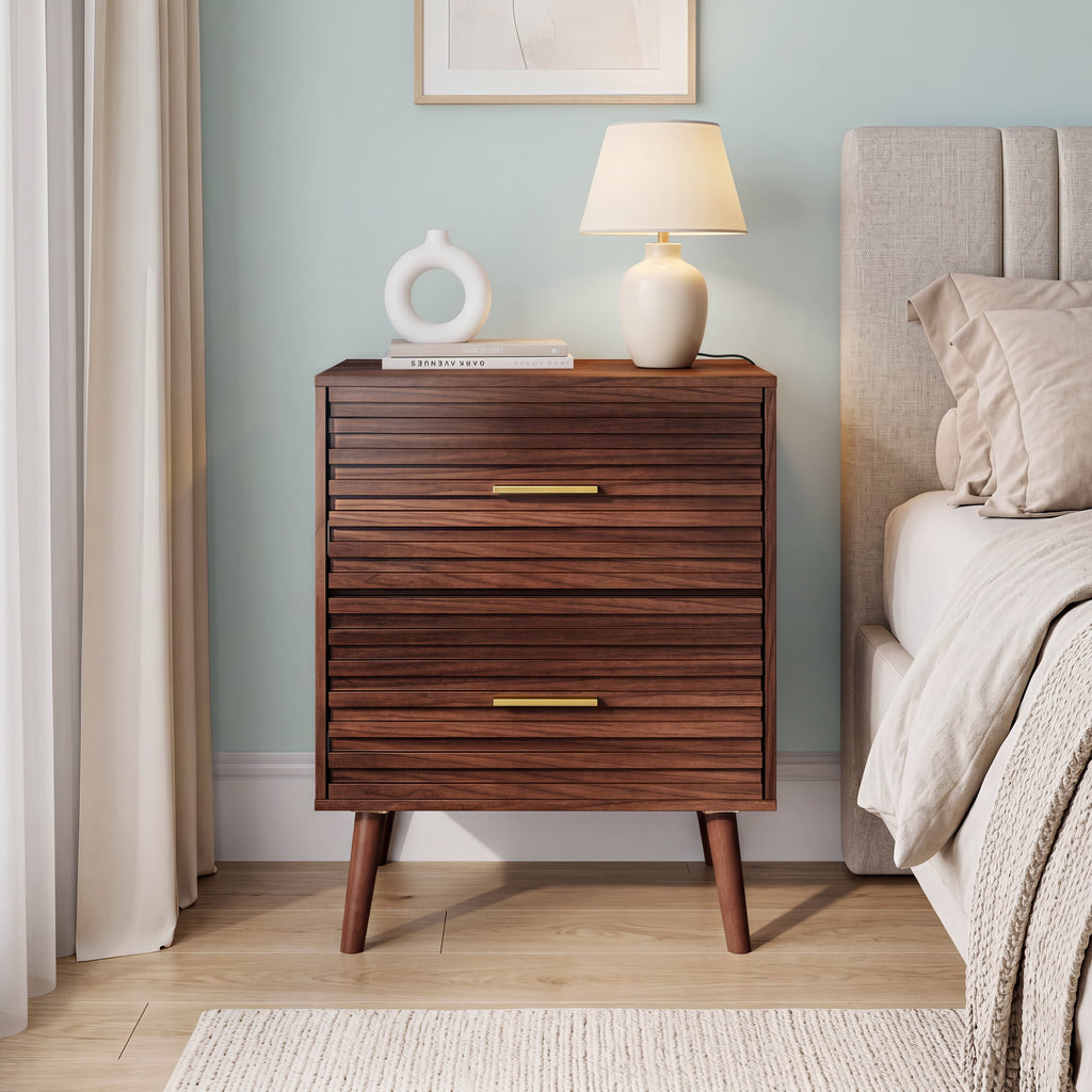 GALAXHERO Mid Century Wood Nightstand Set of 2, Fluted 2 Drawers Bedside Table for Bedroom, End Table for Living Room