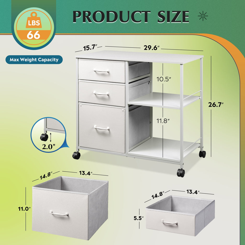 GALAXHERO 3-Drawer Mobile File Cabinet with Storage Shelf, Rolling Fabric Filing Cabinet and Printer Stand