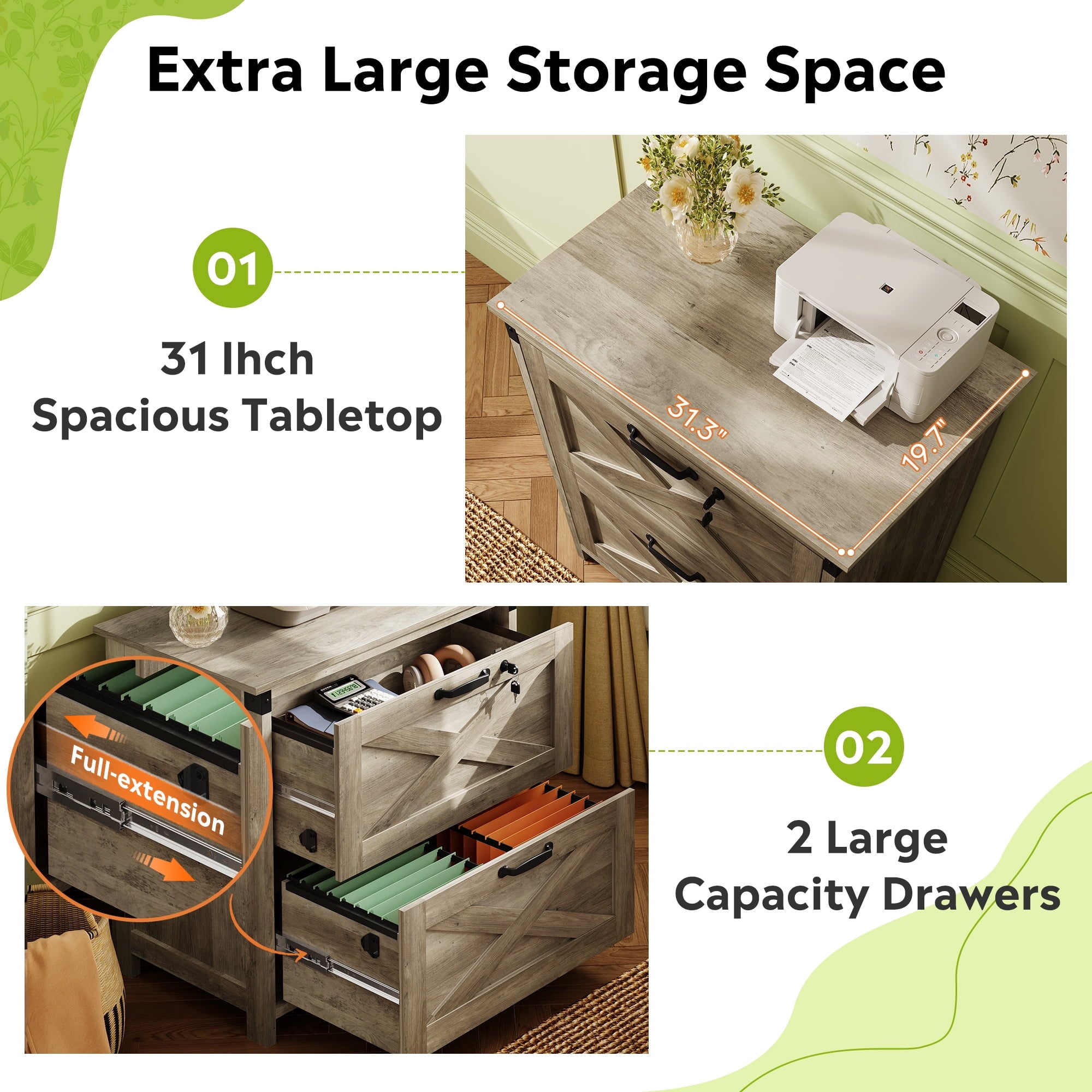 GALAXHERO 2 Drawer Lateral File Cabinet with Lock, Farmhouse Wood Filing Cabinet for Home Office, Fits Letter/Legal/A4, Printer Stand