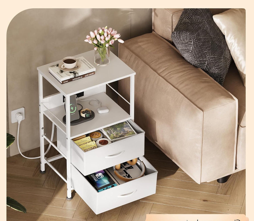 GALAXHERO Nightstand with Charging Station, LED Light, 2 Fabric Drawers, Storage Shelf, 3 USB Ports and 2 AC Outlets Bedside Table for Bedroom, Small End Table, Compact Size