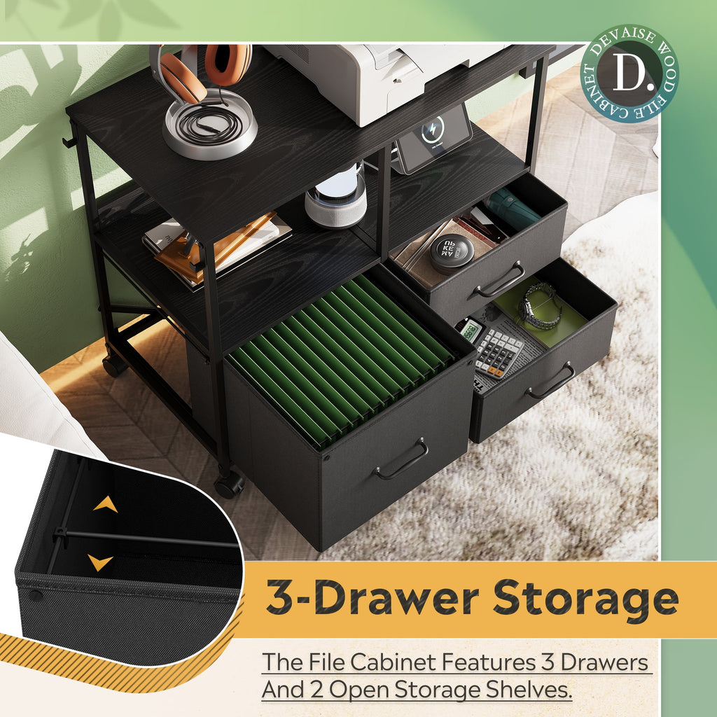 GALAXHERO Printer Cart with Storage Shelf, 3 Drawer File Cabinets Fit Letter/A4 Size, Mobile Printer Stand with Charging Station for Home Office, Black