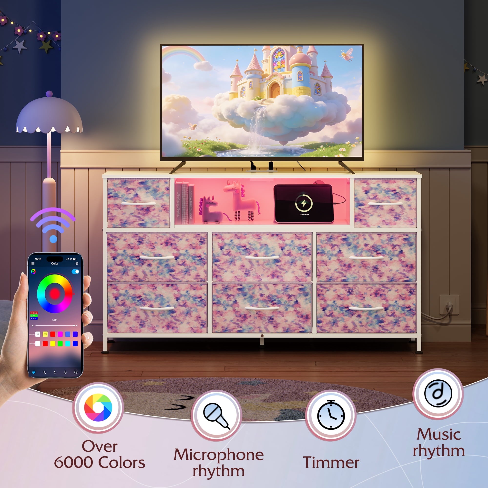 GALAXHERO 8-Drawer Dressers for Bedroom, Dresser TV Stand for 55'' TV with LED Lights and Power Outlets, Fabric Chest of Drawers for Living Room, Entryway
