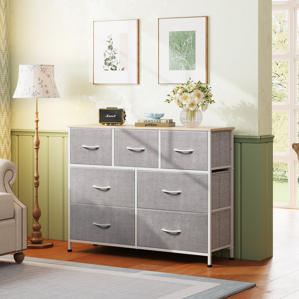 GALAXHERO 7 Drawer Dresser, TV Stands for 45" TV, Chest of Drawers with Fabric Bin for Bedroom, Living Room, Entryway