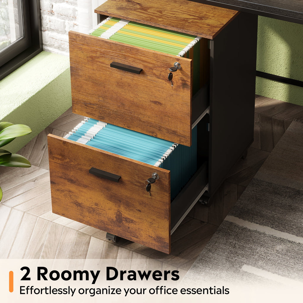 GALAXHERO 2 Drawer Filing Cabinet with Lock, Wooden Printer Stand with Storage for Home Office, Mobile Locking File Cabinet Fits Letter/A4 Hanging Files