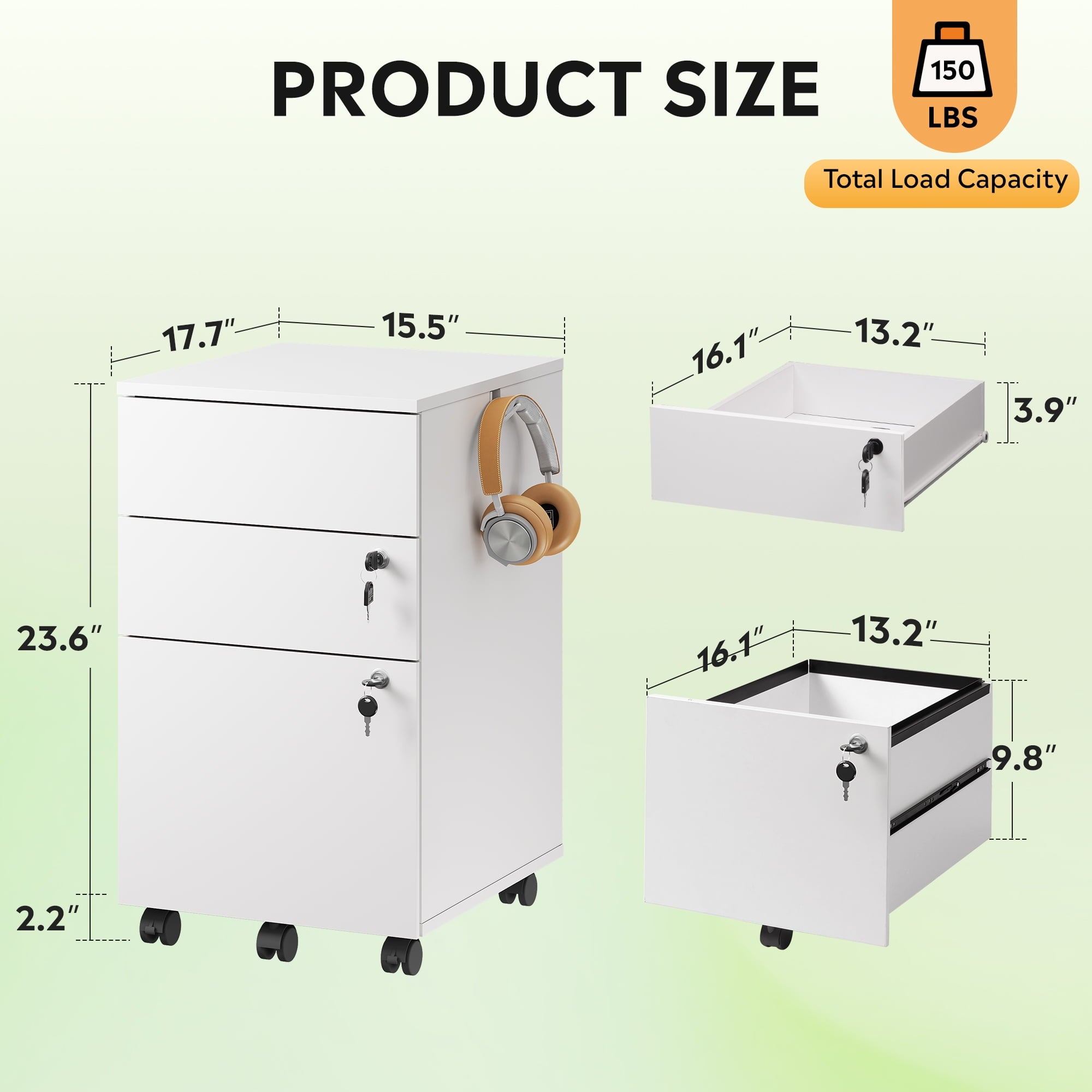 GALAXHERO File Cabinet 3-Drawer Rolling Wood Cabinet for Home Office with Lock, Fits Letter/A4/Legal Size, Retractable Hook, White