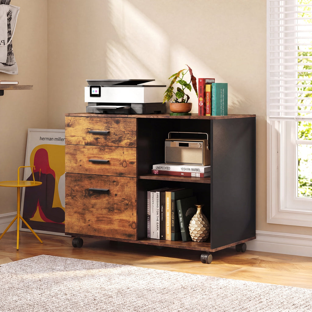 GALAXHERO 3-Drawer Filing Cabinet, Mobile Lateral File Cabinet, Printer Stand with Open Shelves, Wood Office Cabinet