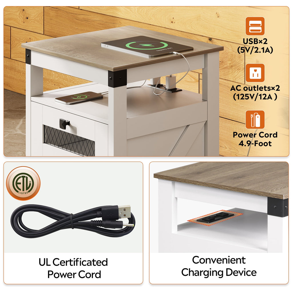GALAXHERO Nightstand with Charging Station, Farmhouse End Table, Bed Side Table with 2 Storage Drawers and Open Shelf, Wood Rustic Nightstands for Bedroom
