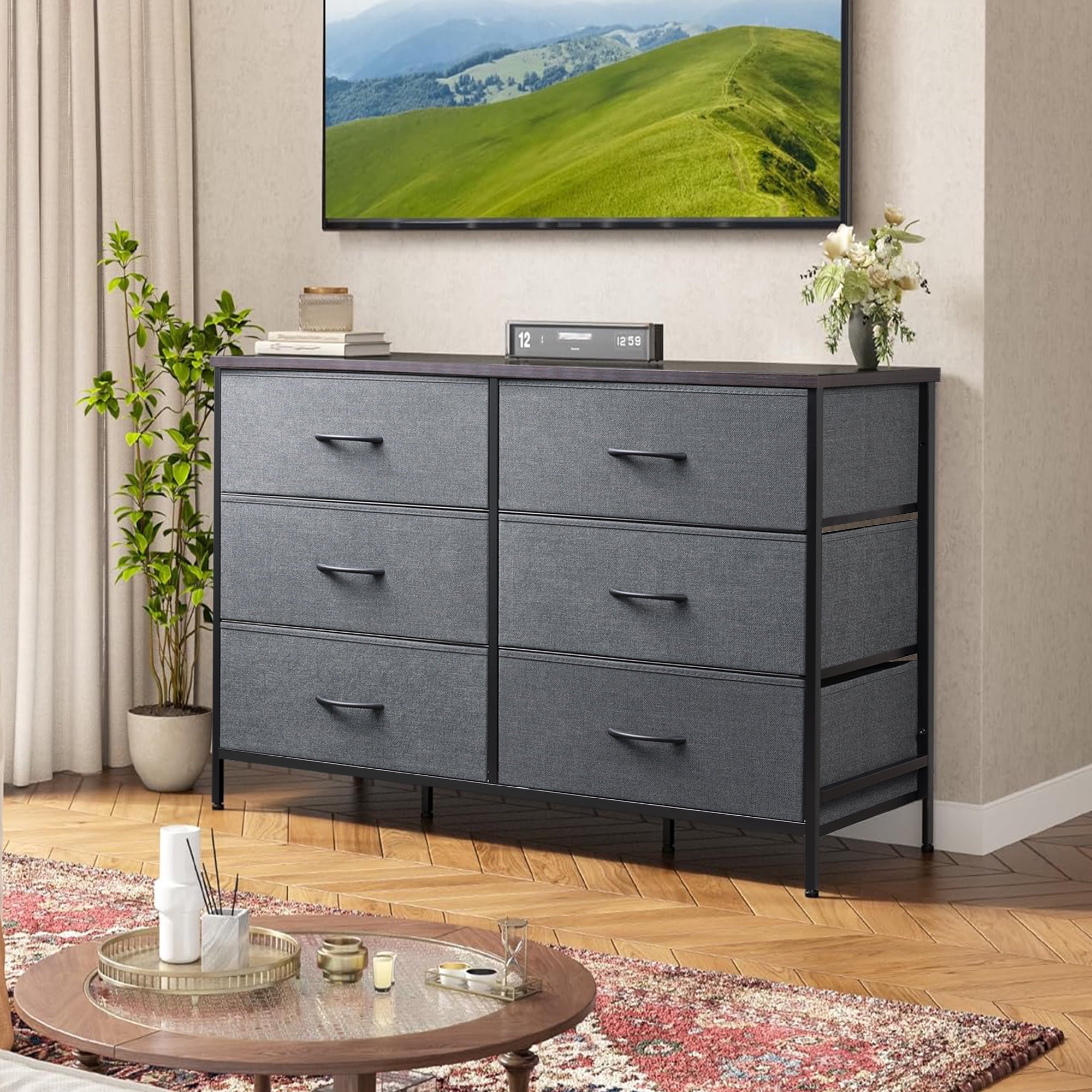 GALAXHERO 6-Drawer Fabric Dresser, 50-Inch TV Stand Wide Chest of Drawers for Bedroom, Closet, Living Room