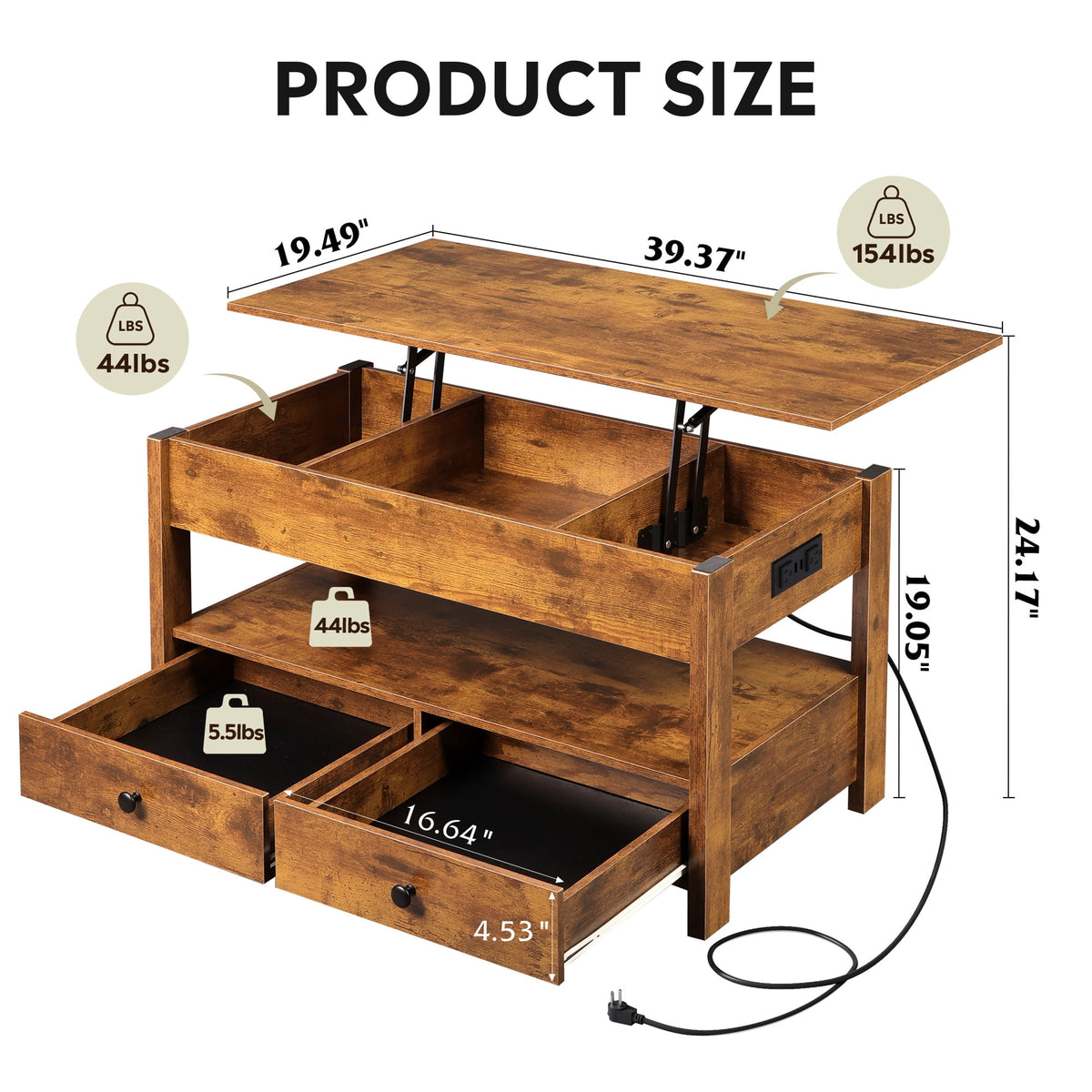GALAXHERO Lift Top Coffee Table for Living Room Table with 2 Drawers & LED Light & Large Storage and Open Shelf