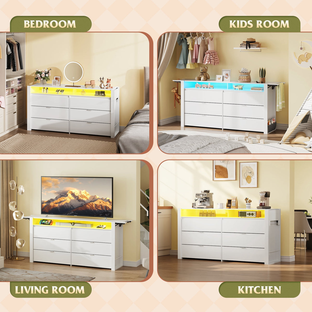 GALAXHERO 6 Drawer Dresser with LED Lights, Modern Dresser with Charging Station, Large Wood Chest of Drawers with Flexible Shelves and Hanging Rack for Bedroom, Closet, Living Room