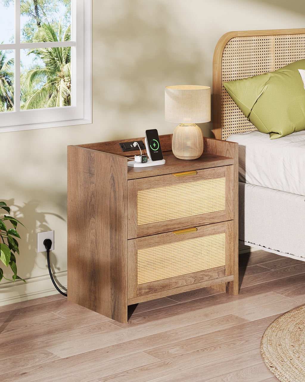 GALAXHERO Nightstand with Charging Station, Boho Rattan Bedside Tables, 2 Drawers End Table for Bedroom, Living Room, Natural Oak