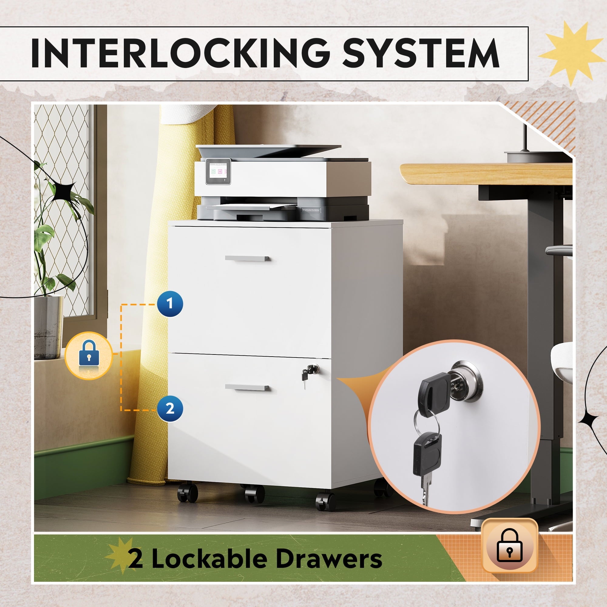 GALAXHERO 2 Drawer File Cabinet with Lock, Wood Printer Stand for Home Office, Mobile Storage Organizer Fit Letter/A4 Size, White