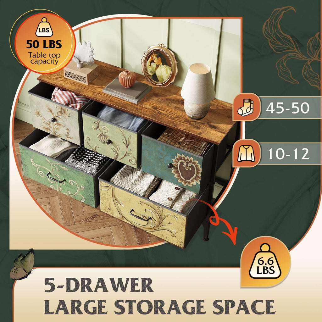 GALAXHERO 5-Drawer Wide Fabric Dresser Storage Organizer Unit, Chest of Drawers with Fabric Bins for Bedroom, Closet, Living Room, Hallway, Floral Painted