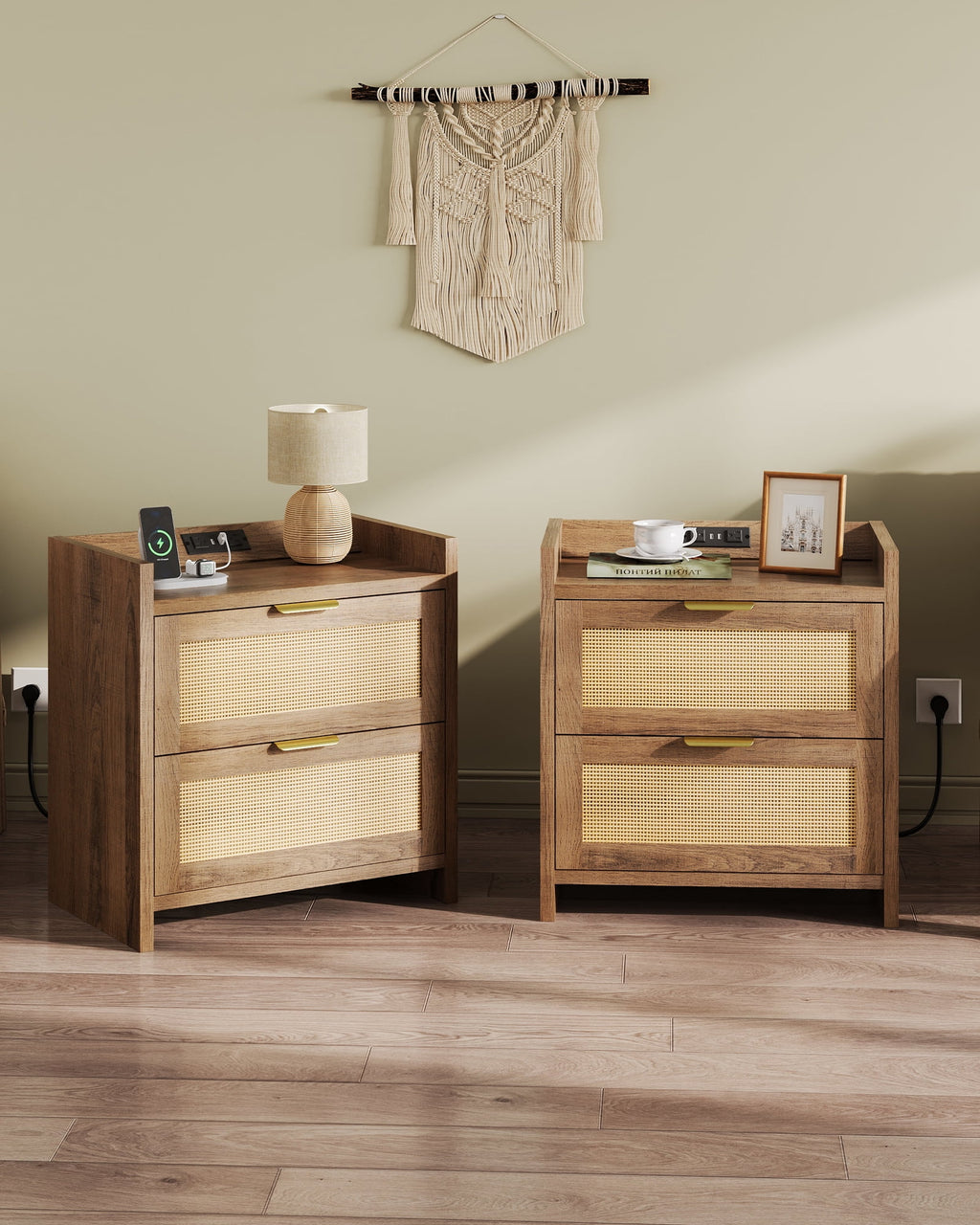 GALAXHERO Nightstand with Charging Station, Boho Rattan Bedside Tables, 2 Drawers End Table for Bedroom, Living Room, Natural Oak