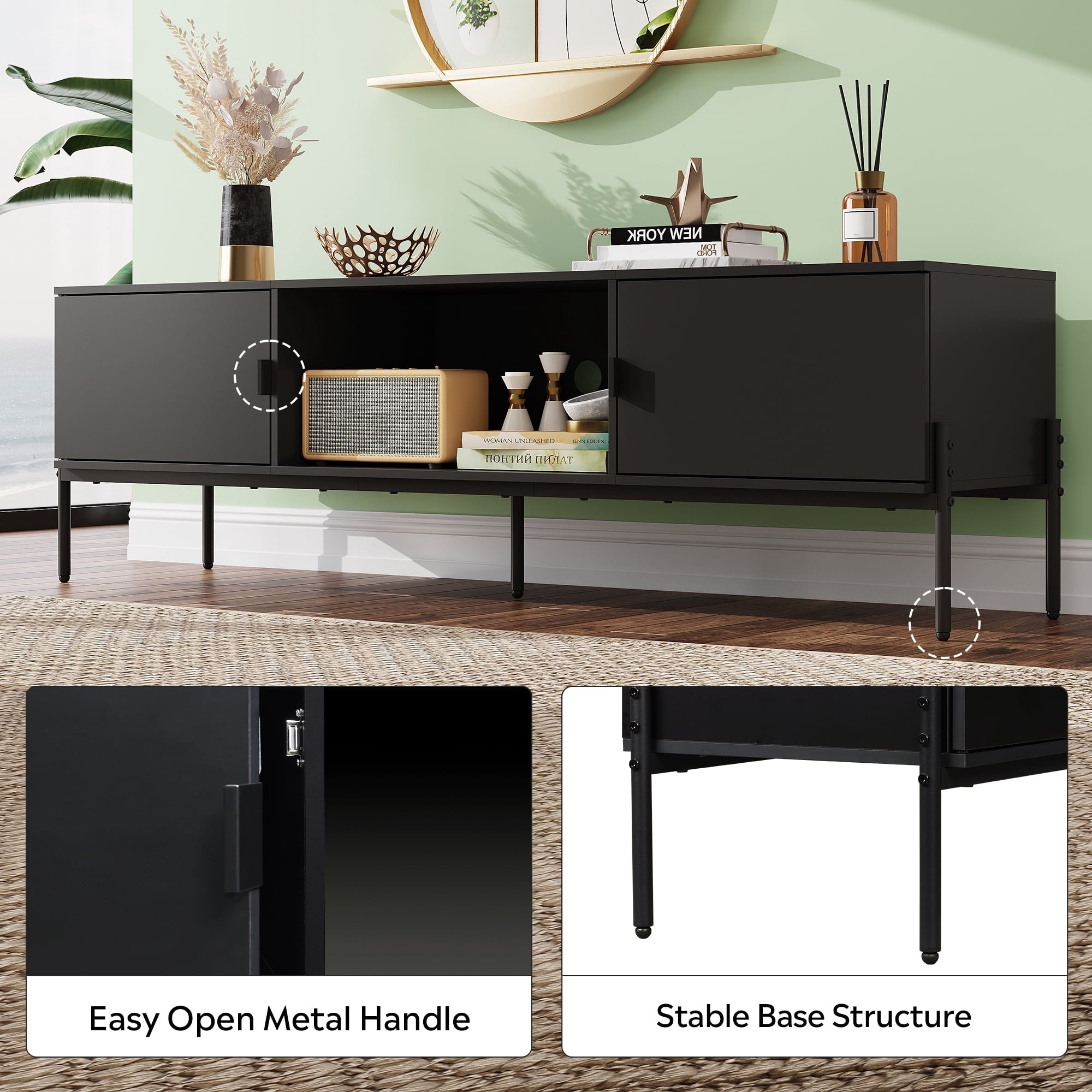 GALAXHERO TV Stand Modern Entertainment Center with Storage Cabinets and Metal Legs for Bedroom and Living Room, TV Console, 65 Inch