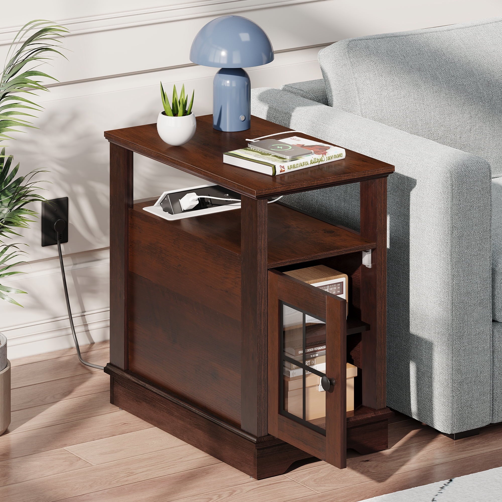 GALAXHERO Farmhouse End Table with Charging Station Narrow Side Table for Living Room Night Stand with Storage, Nightstand with USB Ports and Outlets for Bedroom