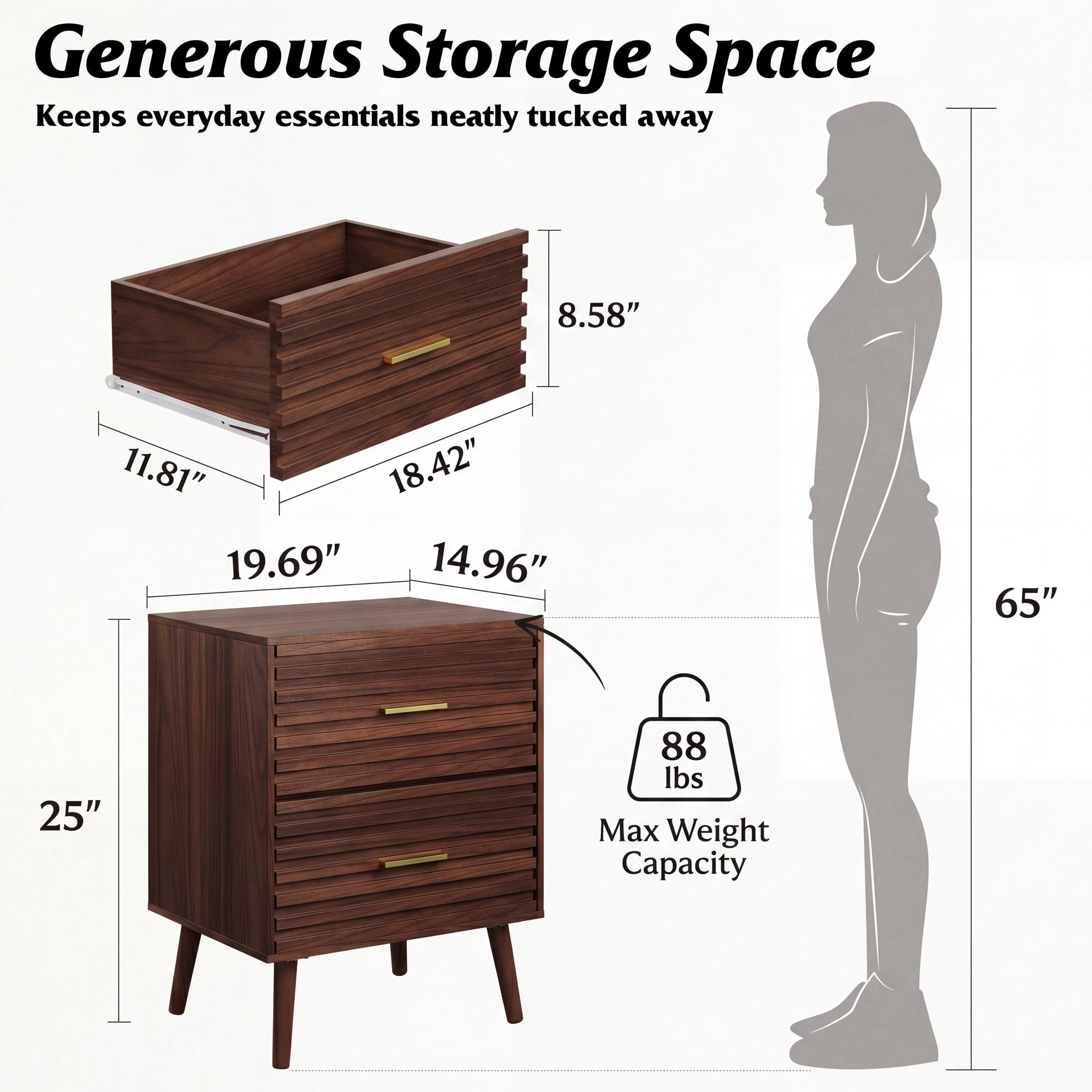 GALAXHERO Mid Century Wood Nightstand Set of 2, Fluted 2 Drawers Bedside Table for Bedroom, End Table for Living Room