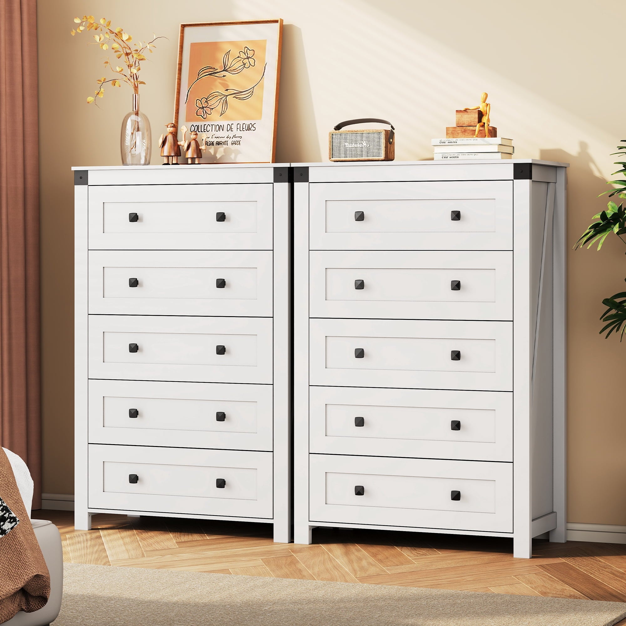 GALAXHERO Farmhouse 5 Drawer Dresser, Tall Dresser with Double Rustic Handles, Wood Chest of Drawers for Bedroom, Living Room, Hallway