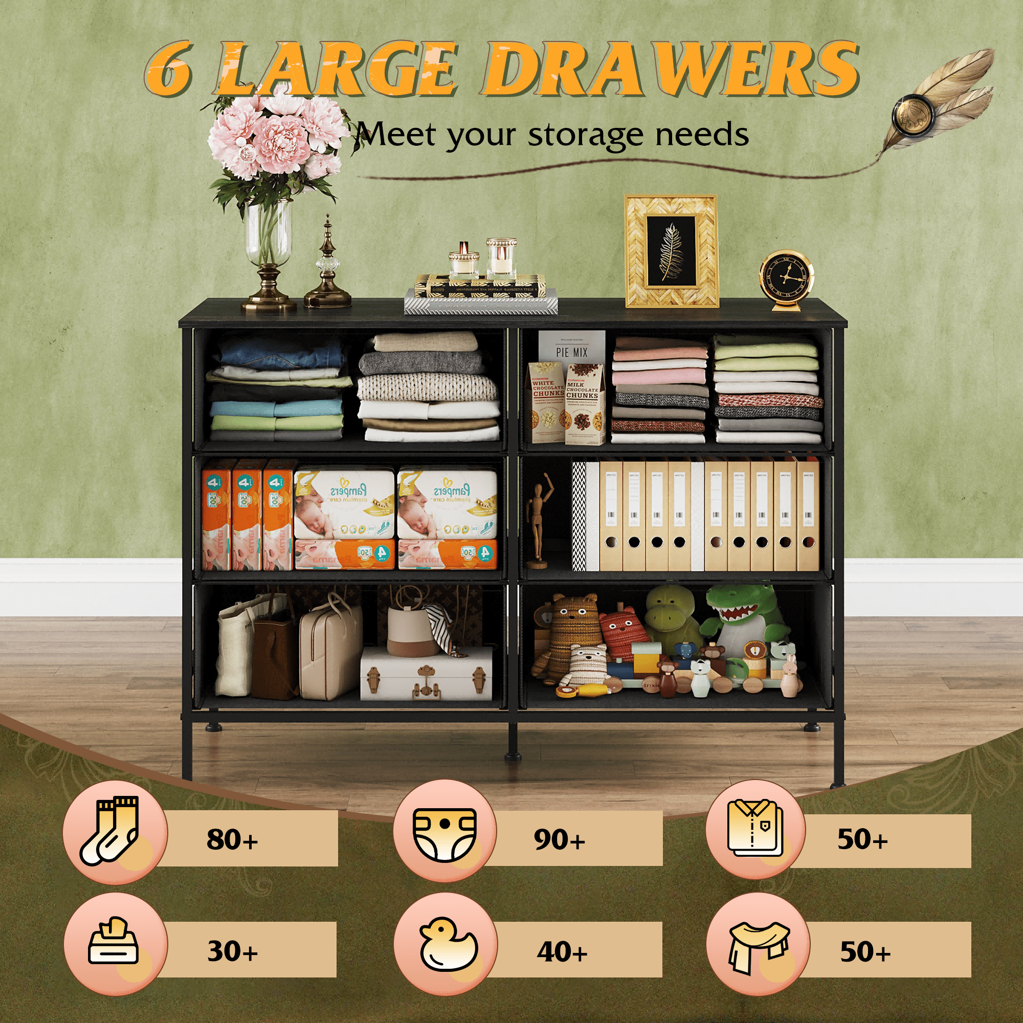 GALAXHERO 6-Drawer Fabric Dresser, 50-Inch TV Stand Wide Chest of Drawers for Bedroom, Closet, Living Room