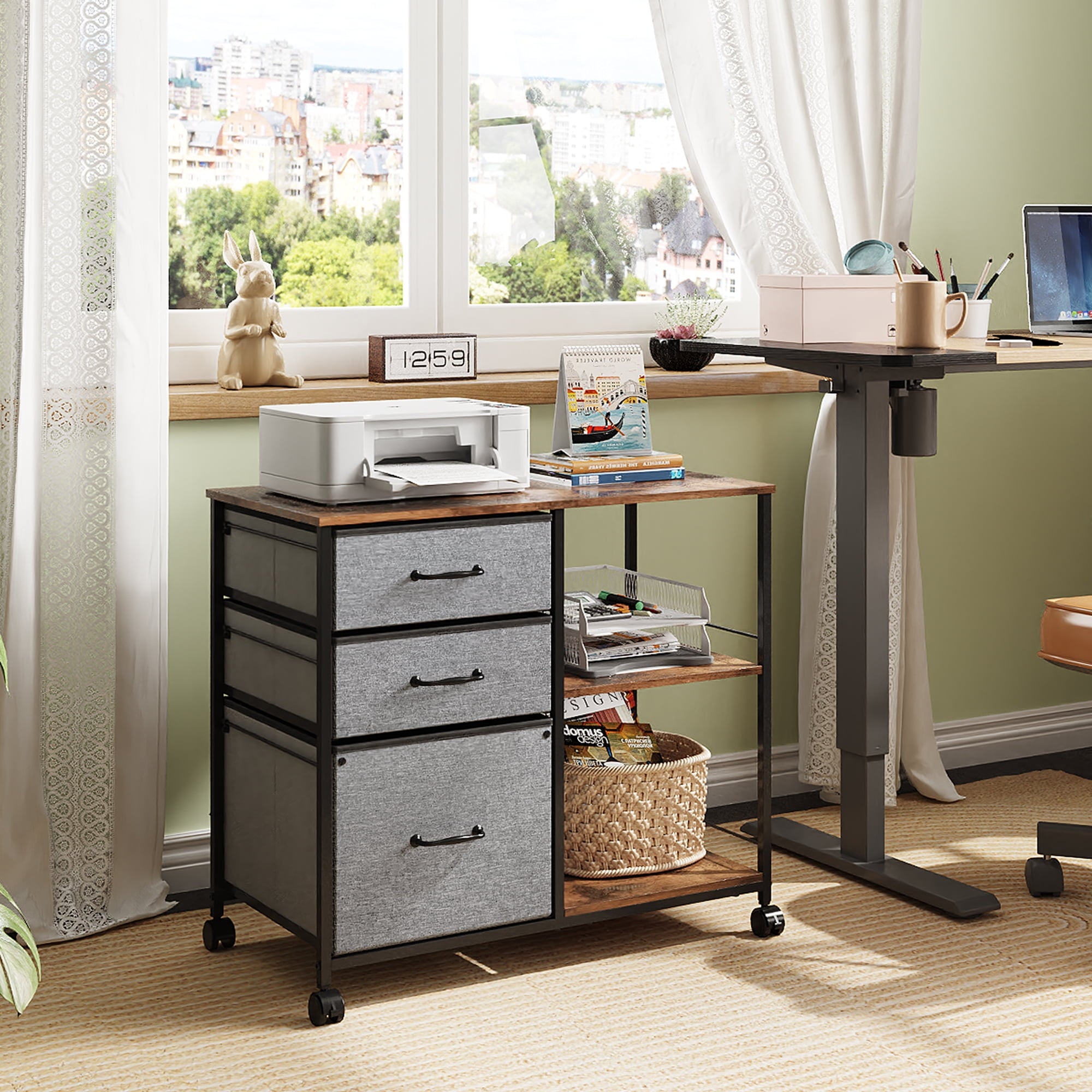 GALAXHERO 3-Drawer Mobile File Cabinet with Storage Shelf, Rolling Fabric Filing Cabinet and Printer Stand