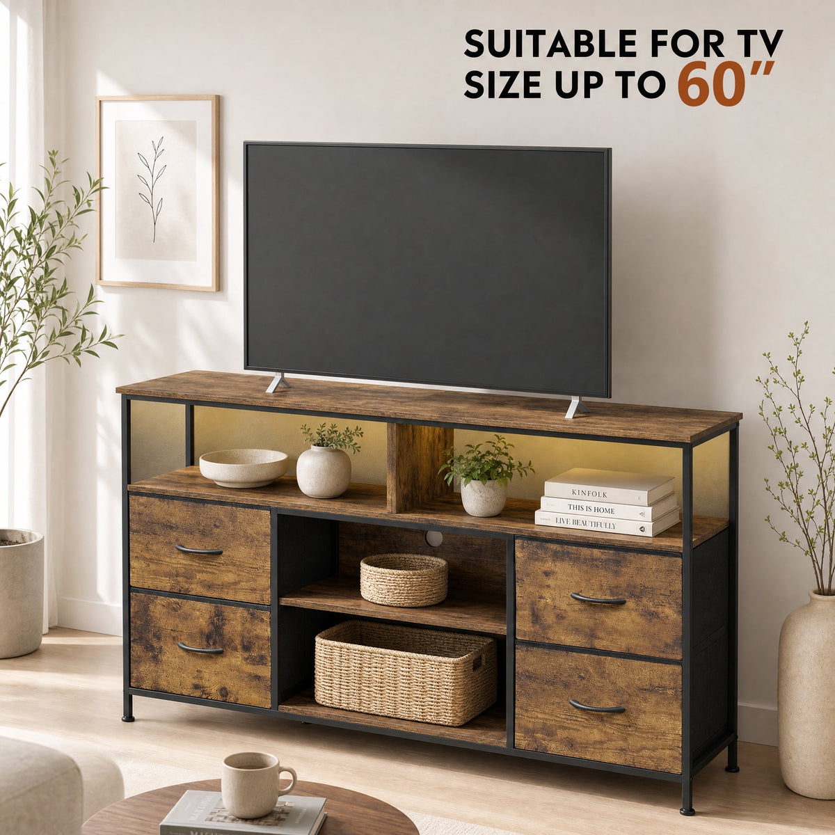 GALAXHERO TV Stand for 50/55/60 inch Television, Entertainment Center with LED Lights, 4 Fabric Drawers and Open Shelves, Media Console TV Stand for Bedroom and Living Room