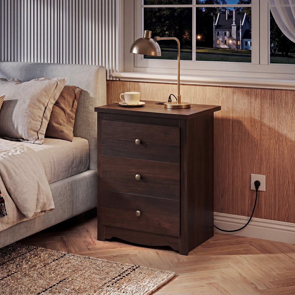 GALAXHERO Tall  Nightstand with Charging Station and 3 Drawers, Wood Bedside End Table with 2 USB Ports & 2 AC Outlets for Bedroom Living Room Dorm